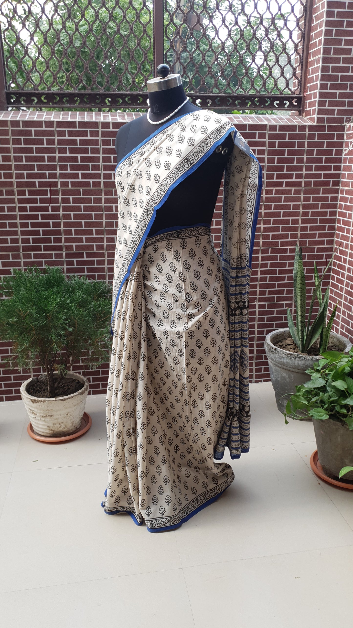 Beige & Blue HBP Mul Cotton Saree MCHB-0023