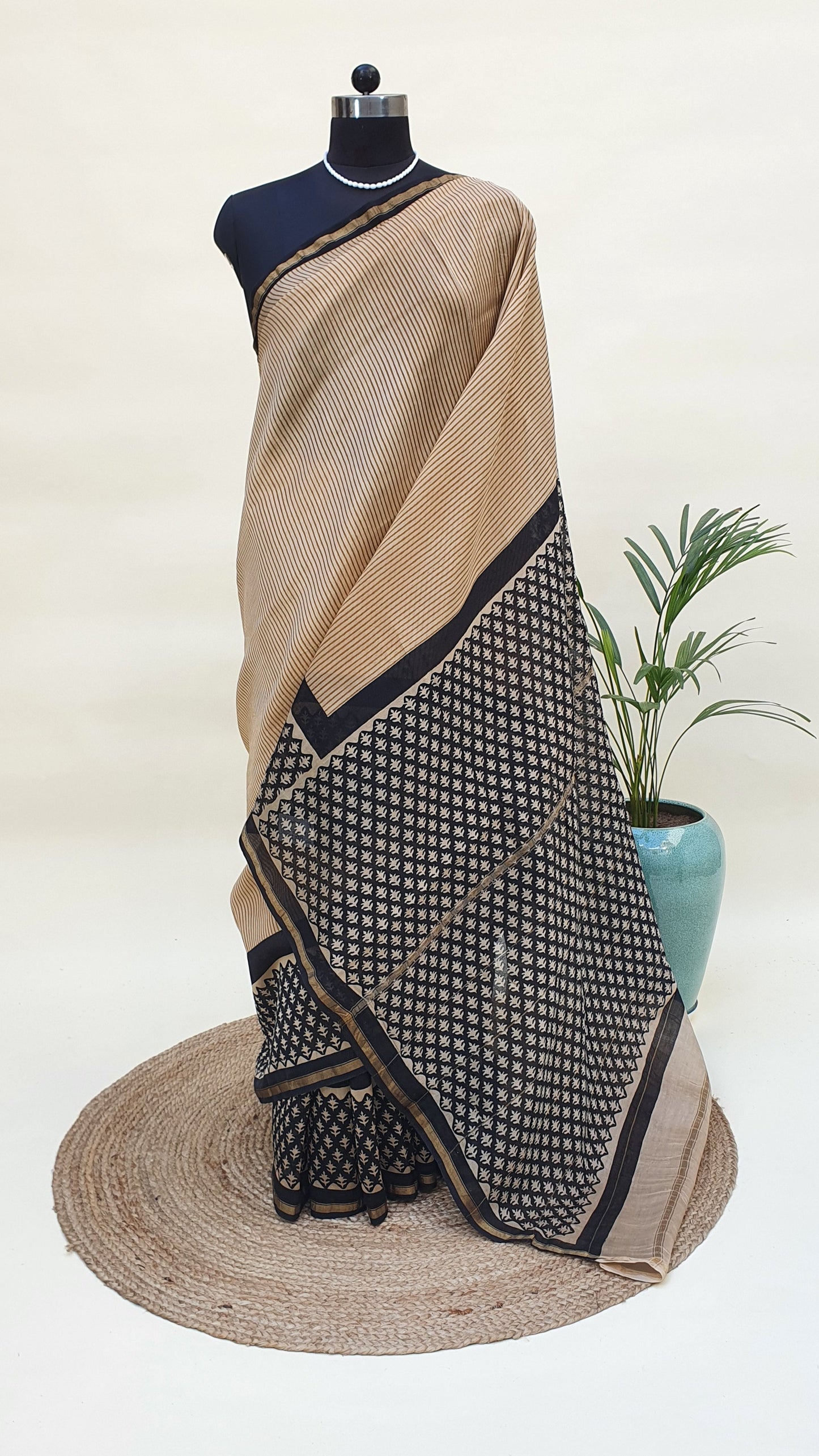Vintage Beige Cotton Silk Chanderi Saree SCCH-0011