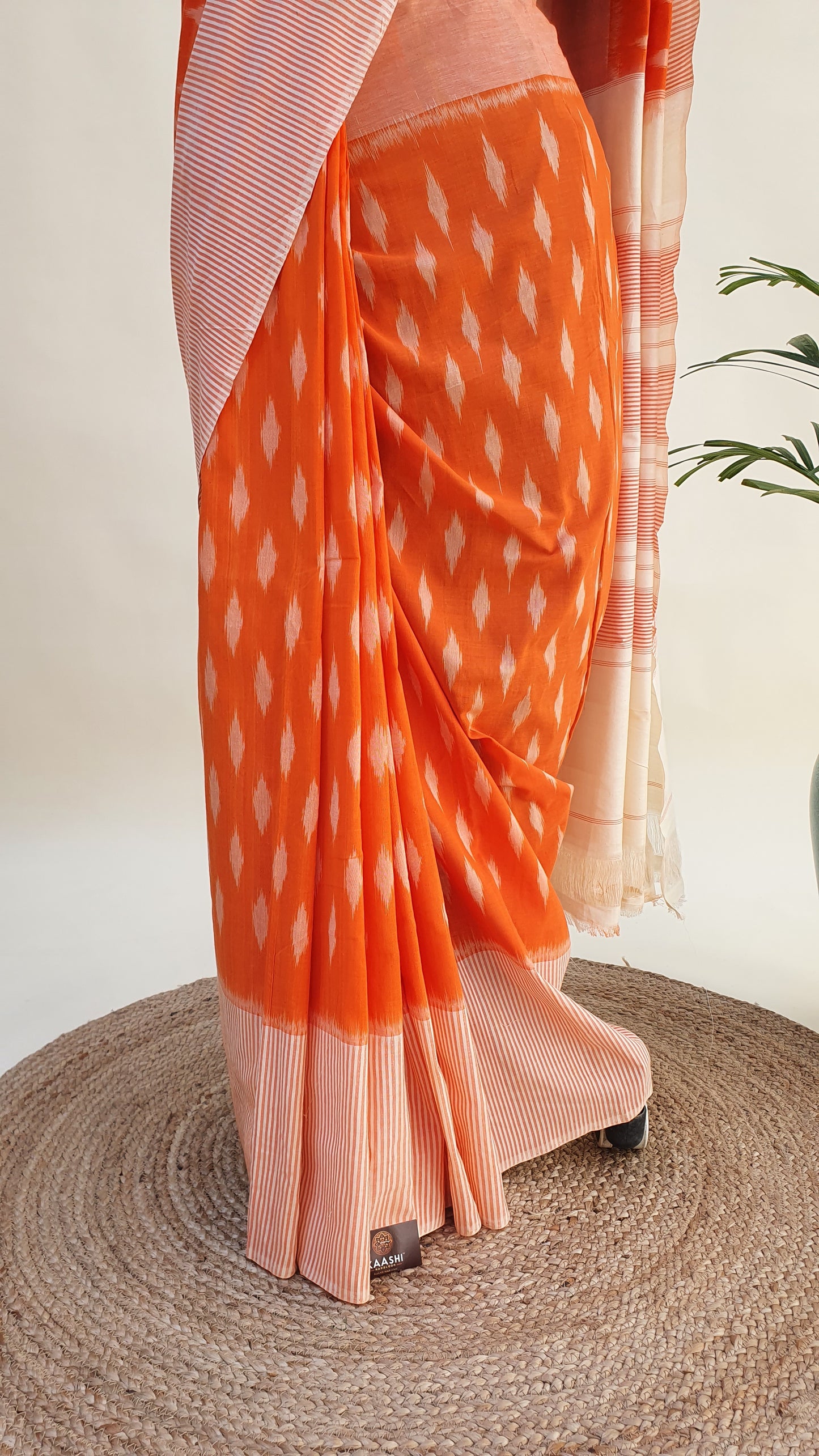Orange & Cream Hand Woven Pochampalli Ikkat Saree PPHW-0004