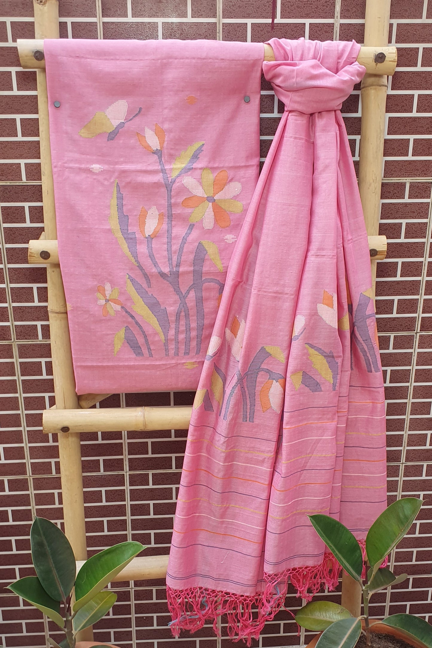 Flamingo Pink Cotton Jamdani Suit JDCC-0007