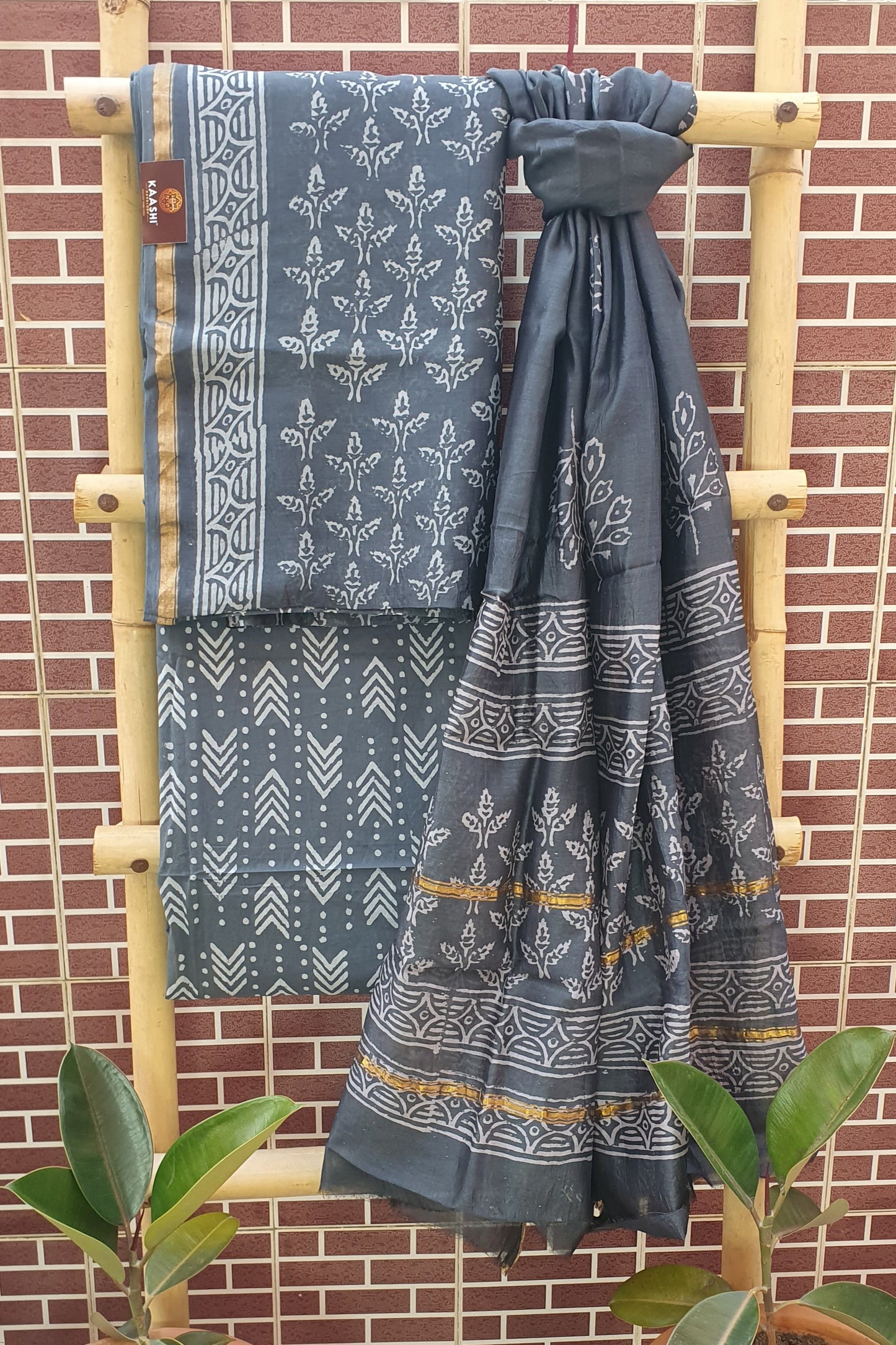 Royal Grey Hand Block Print Chanderi Suit CHHB-0003