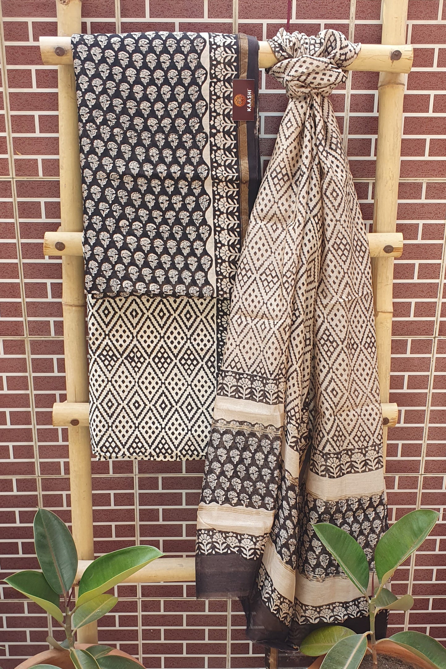Black & Bisque Hand Block Print Chanderi Suit CHHB-0012