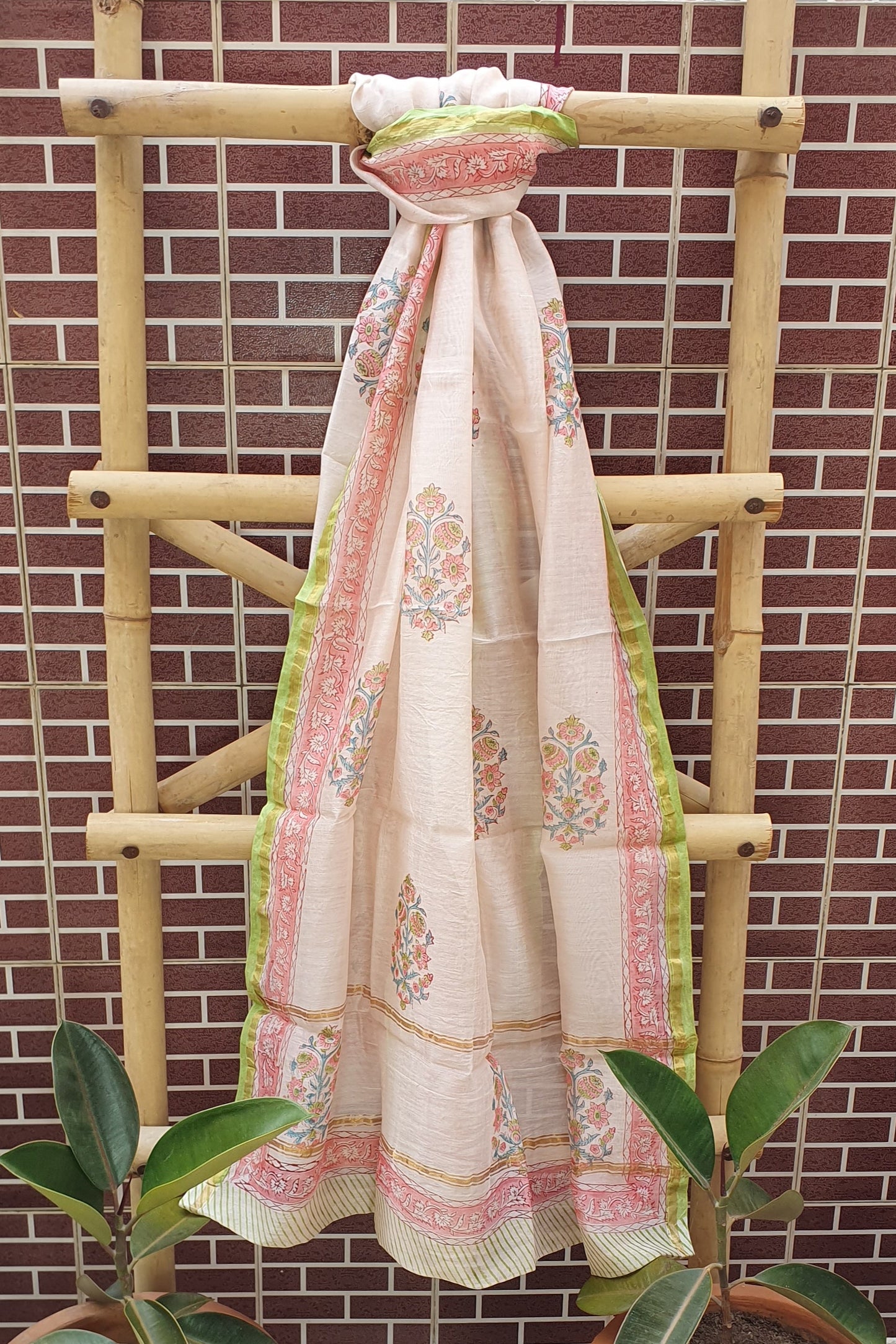 Lace Pink & Green Hand Block Print Chanderi Suit CHHB-0010