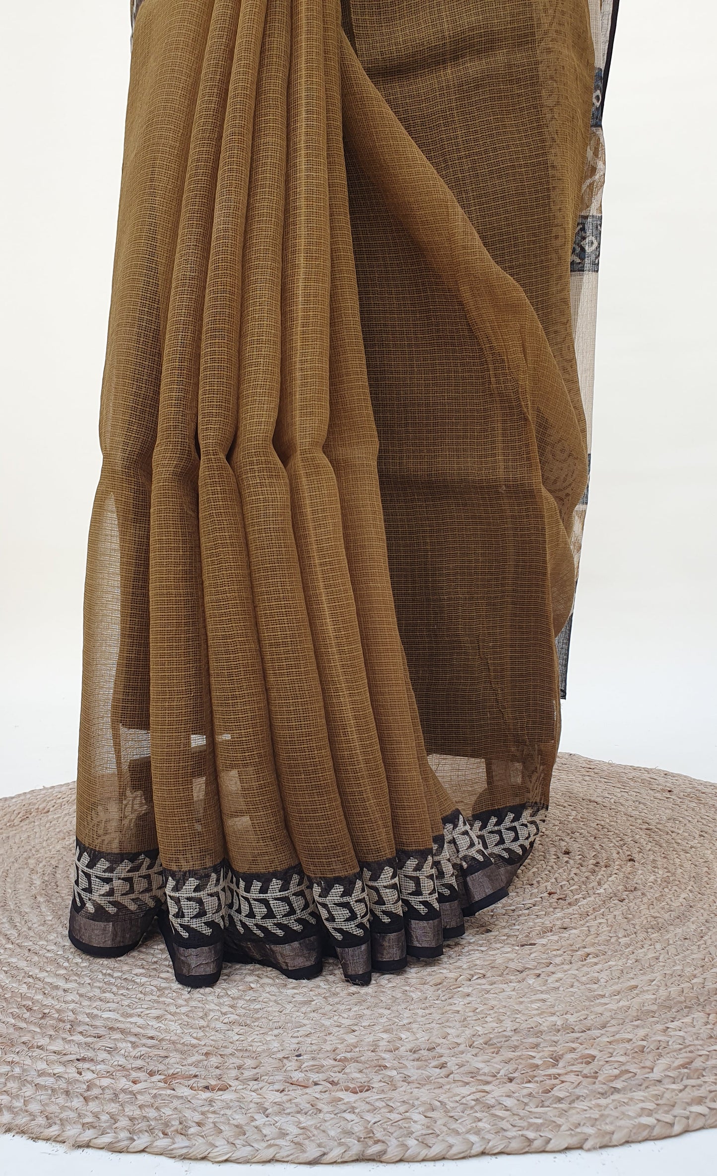 Brown Hand Block Print Kota Doria Saree | Kaashi Handloom