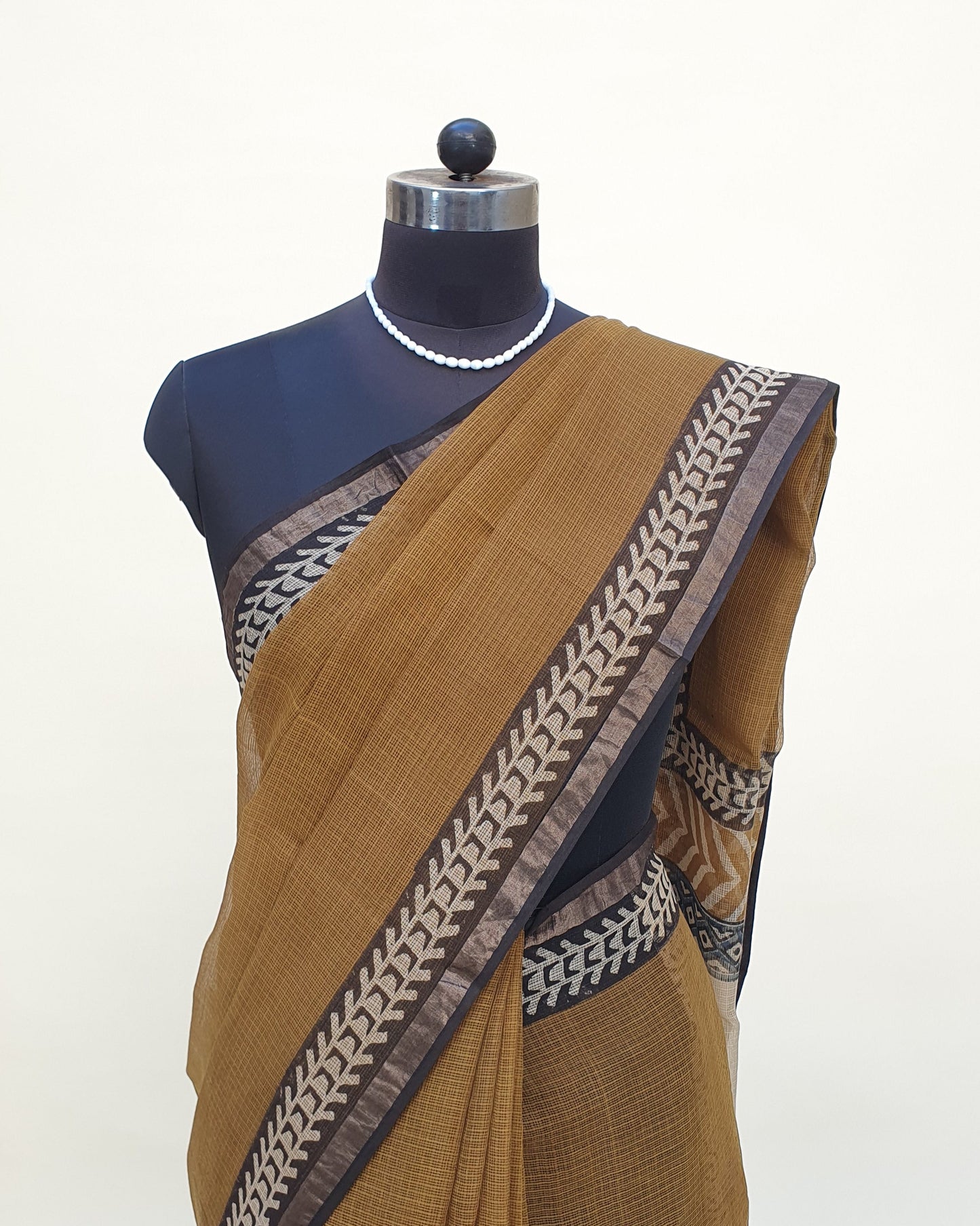 Brown Hand Block Print Kota Doria Saree | Kaashi Handloom