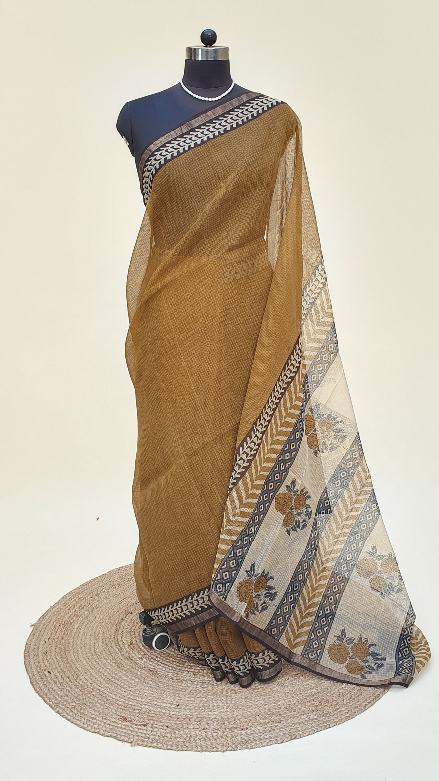 Brown Hand Block Print Kota Doria Saree | Kaashi Handloom