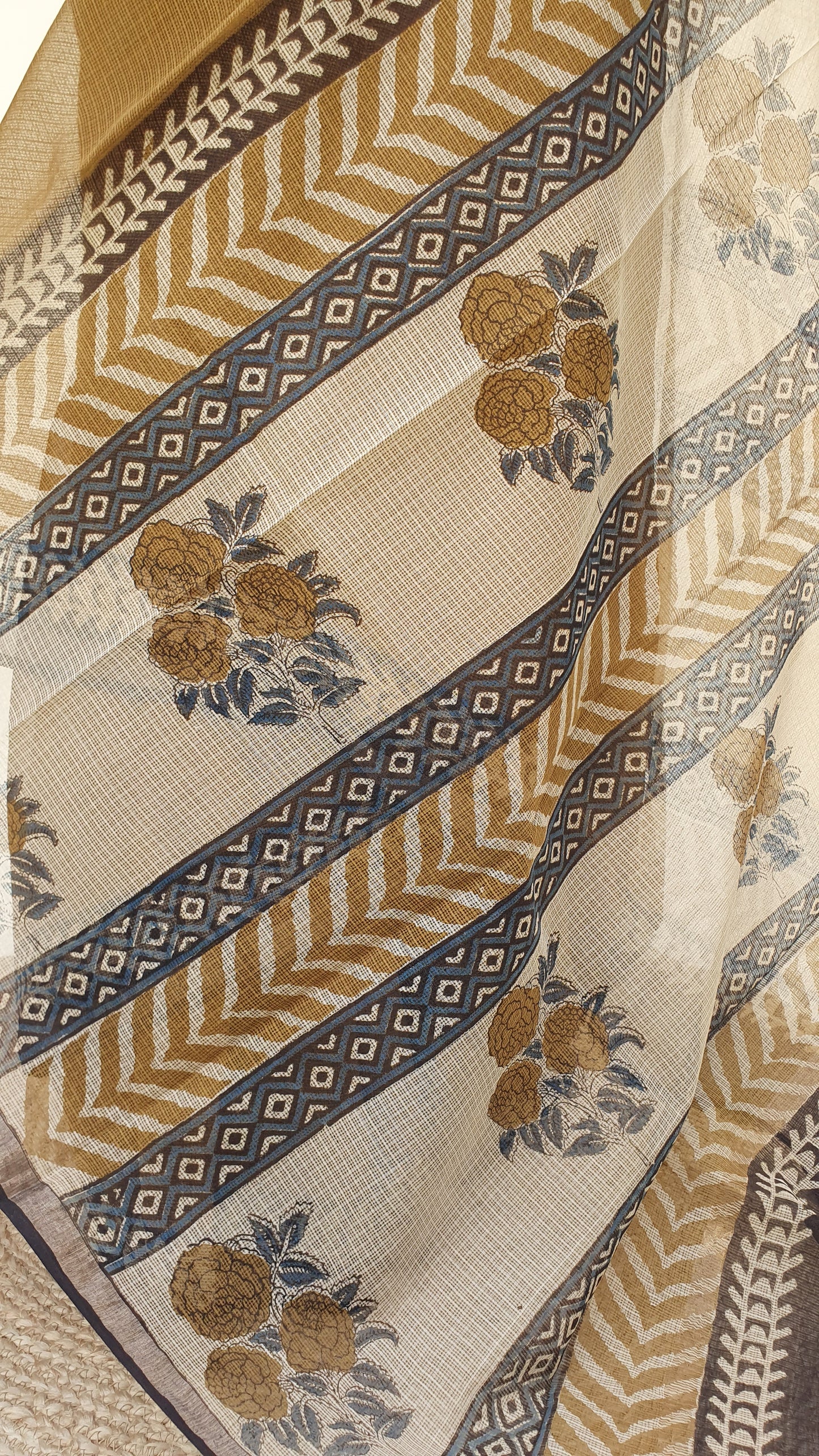 Brown Hand Block Print Kota Doria Saree | Kaashi Handloom