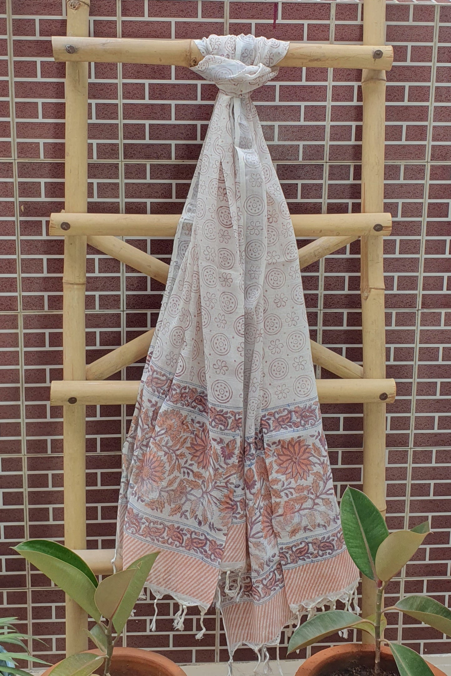 Brown Hand Block Printed Cotton Suit with Linen Dupatta