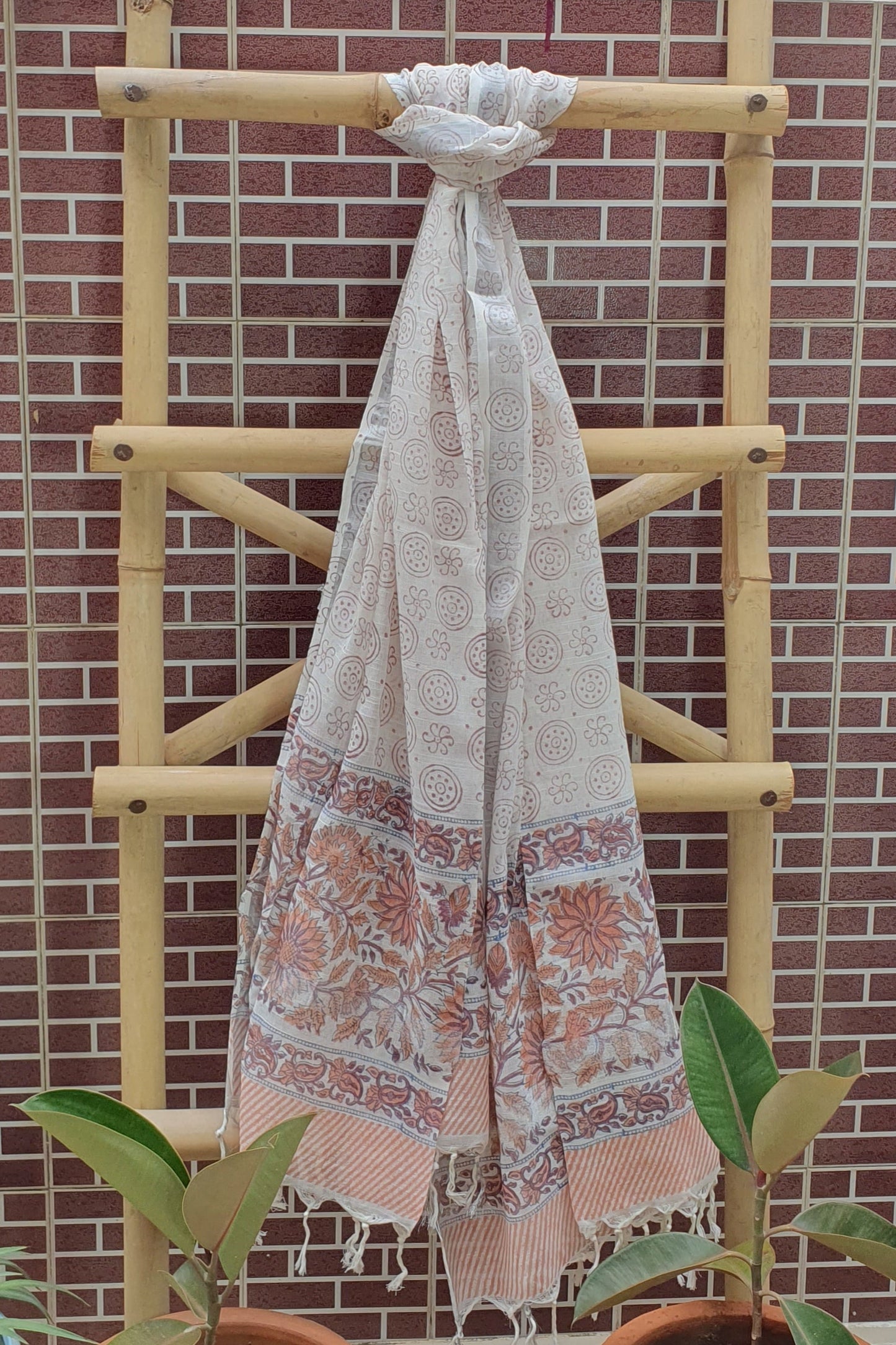 Burnt Copper Hand Block Printed Cotton Suit with Linen Dupatta