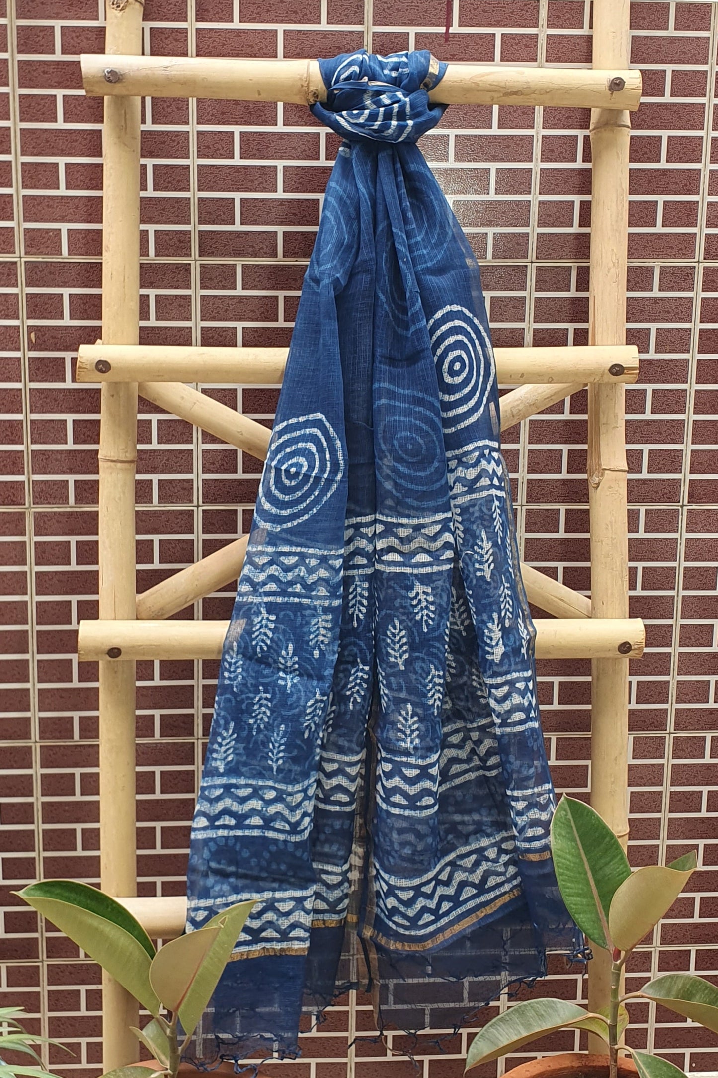 Indigo Hand Block Print Cotton Suit with Kota Doria Dupatta
