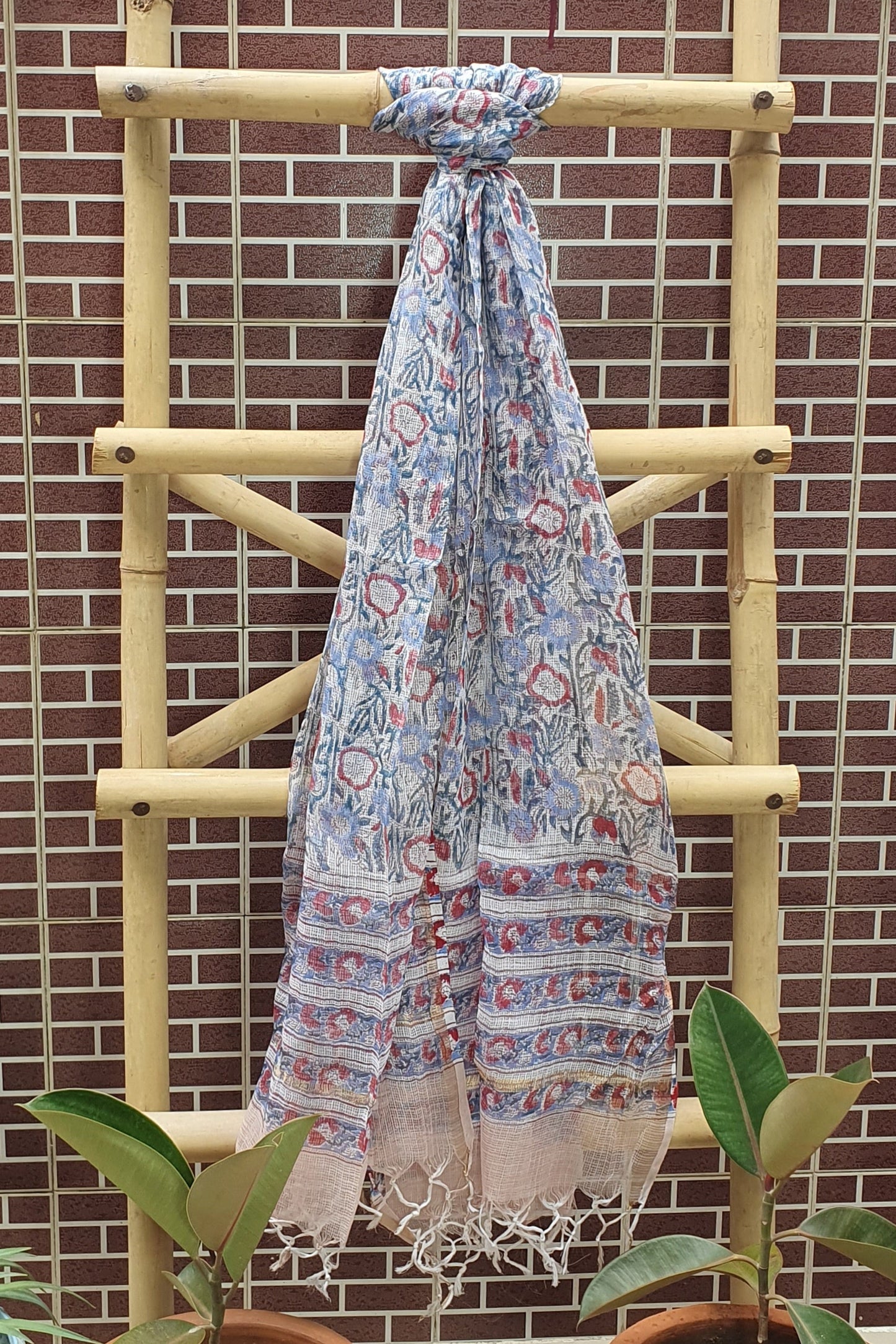 Blue Hand Block Printed Cotton Suit with Kota Doria Dupatta