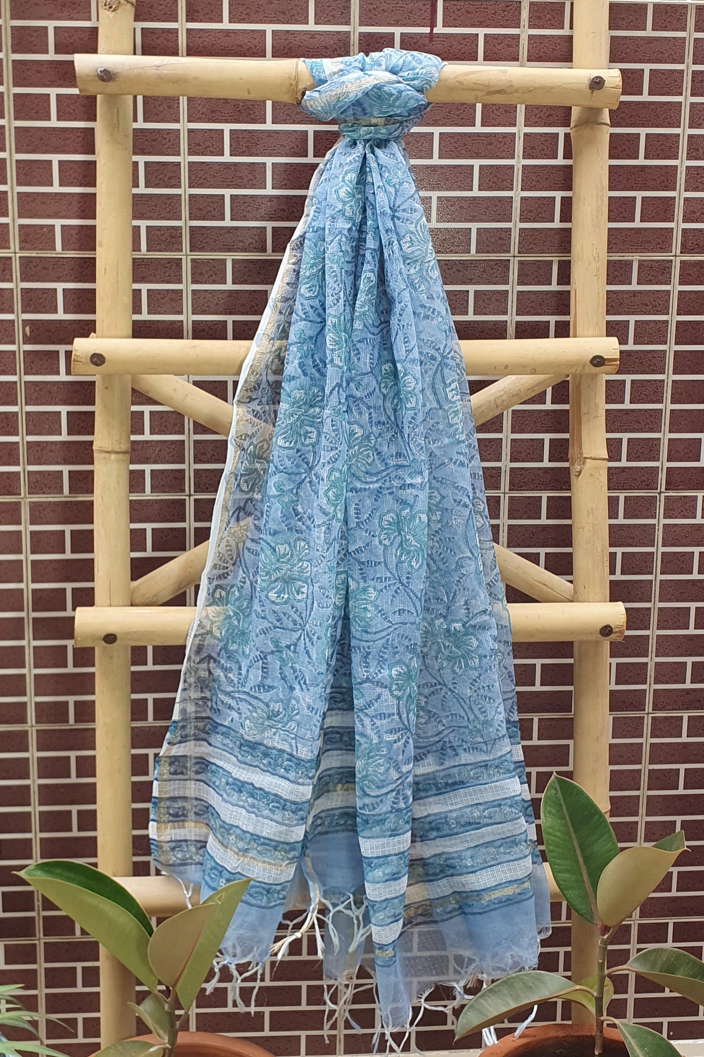 Blue Hand Block Printed Cotton Suit with Kota Doria Dupatta