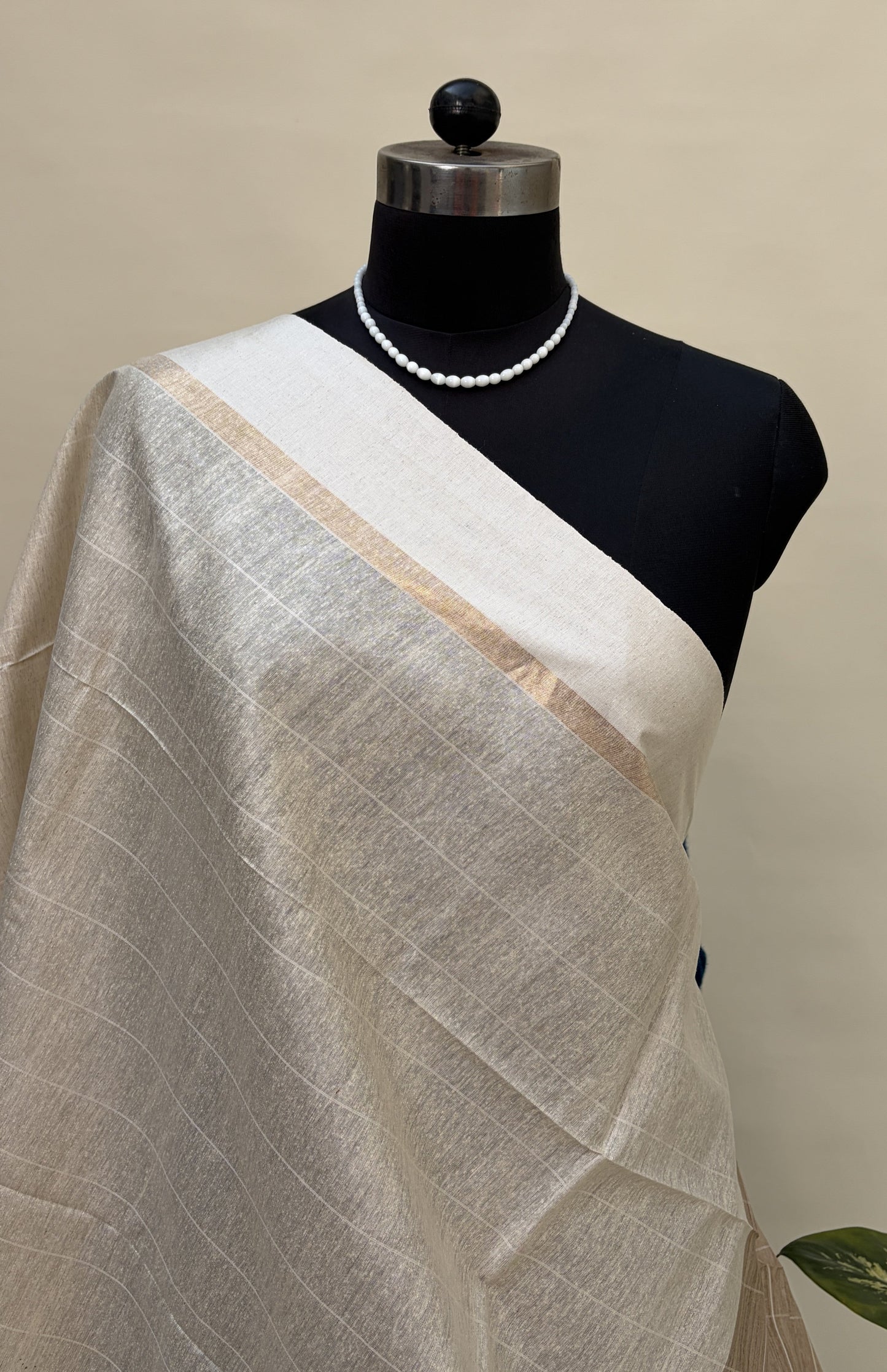 Natural Tussar Silk Saree with Checks & Stripes