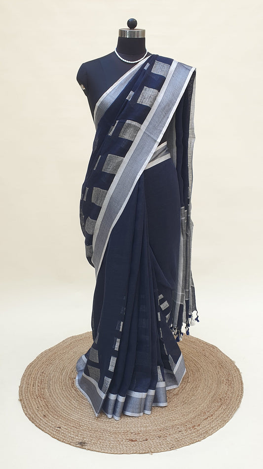 Deep Blue Hand Woven Linen Saree LNHW-0008