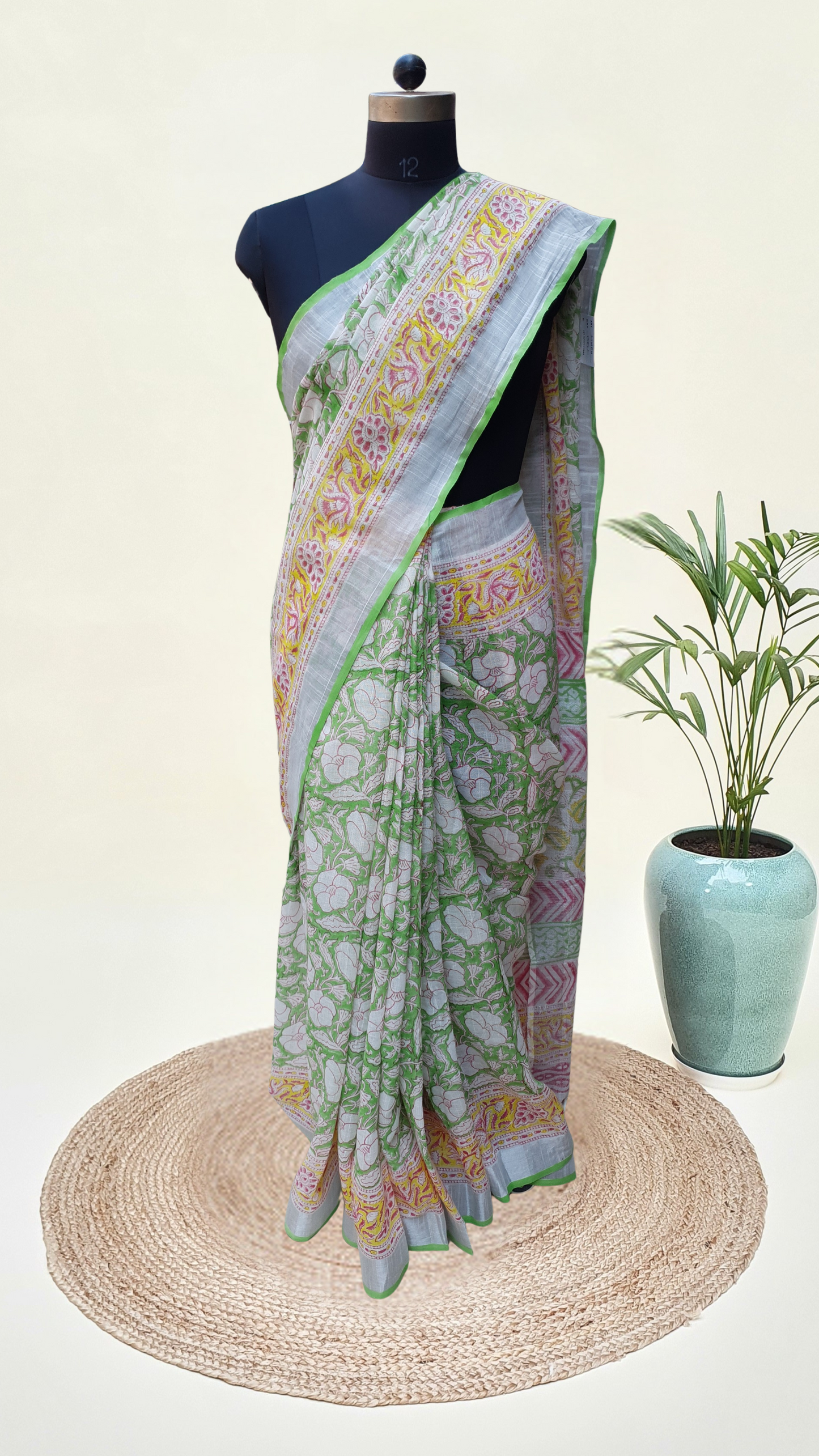 Parrot Green & Yellow HBP Linen Saree LNHB-0004