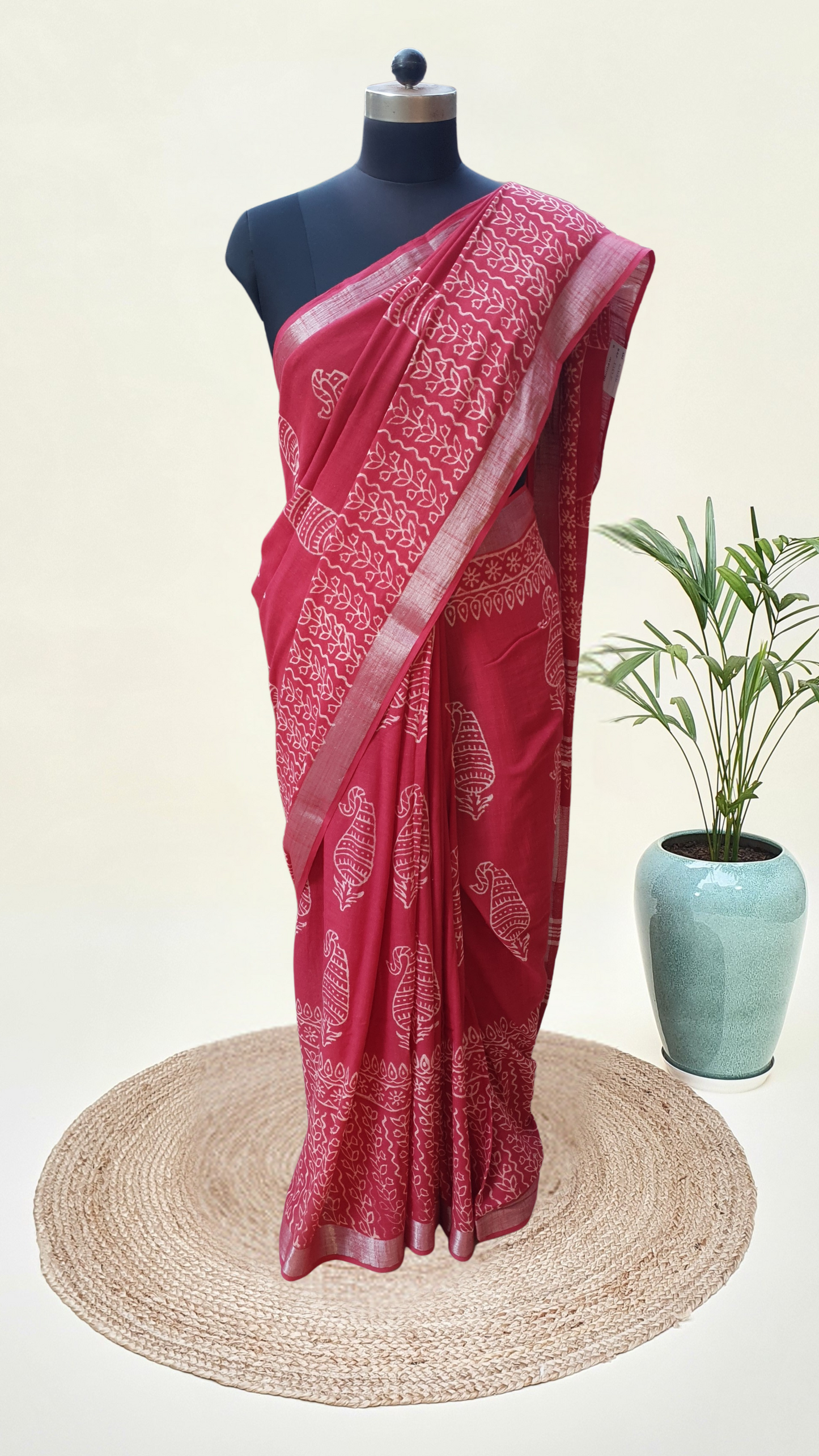 Red HBP Linen Saree LNHB-0008
