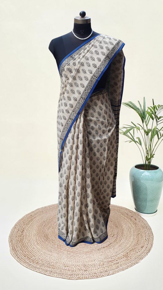 Beige & Blue HBP Mul Cotton Saree MCHB-0023