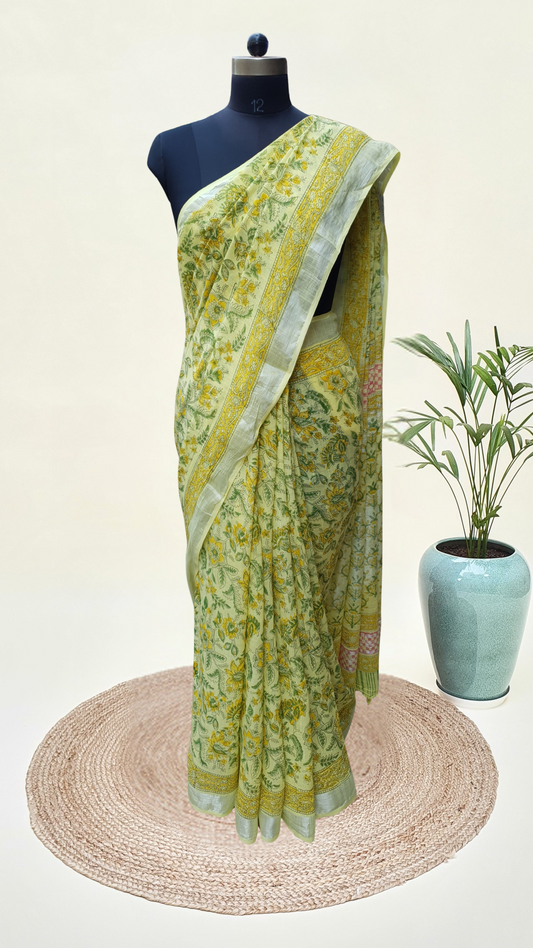 Lemon Yellow HBP Linen Saree LNHB-0001