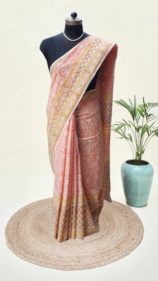 Peach HBP Mul Cotton Saree MCHB-0017