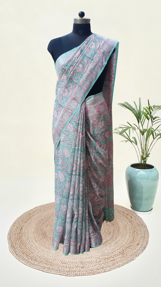 Sea Green & Pink HBP Linen Saree LNHB-0007