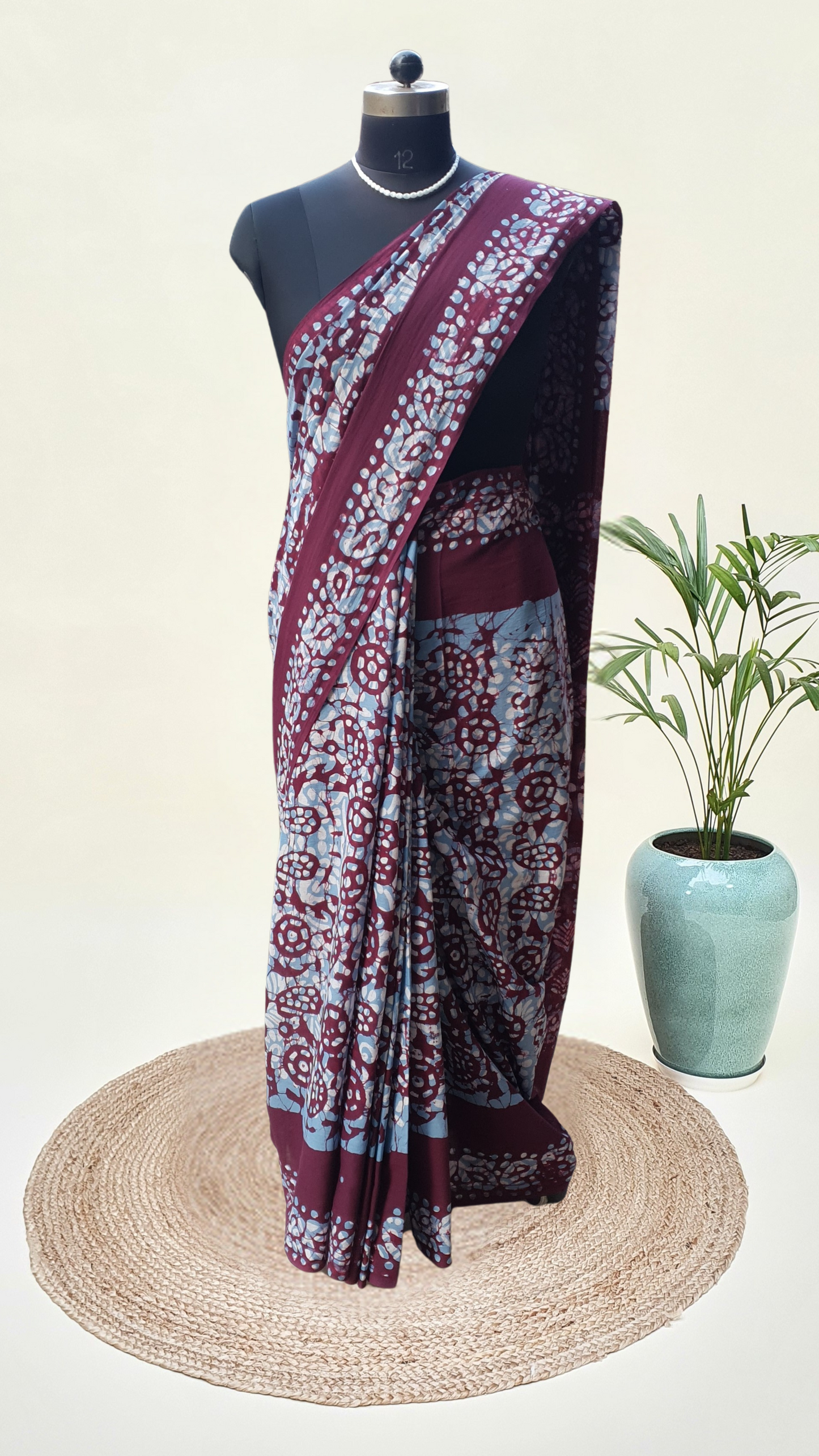 Wine & Blue HBP Mul Cotton Saree MCHB-0019