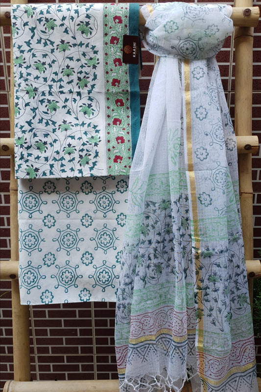 Green & White HBP Cotton Suit with Kota Doria Dupatta CKHB-0004