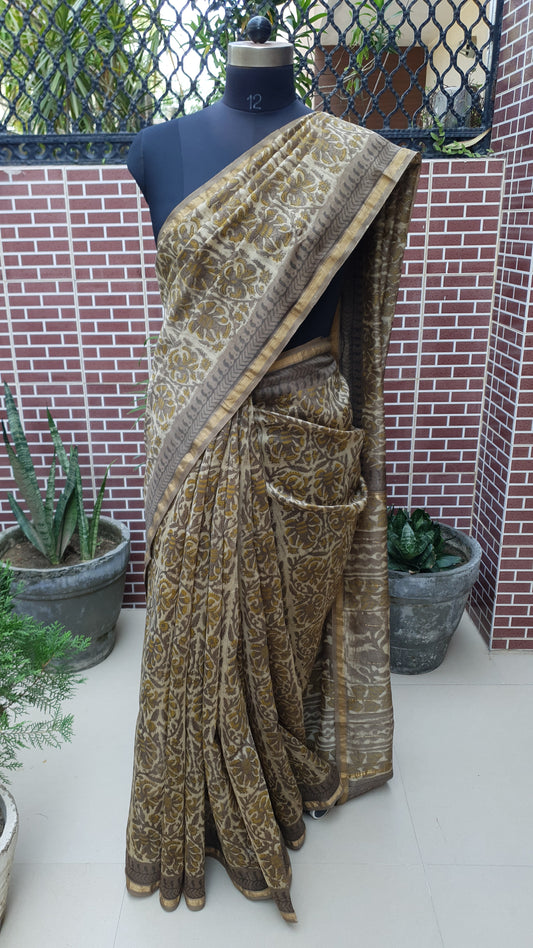 Earthy Brown Ajrakh Chanderi Saree SCCH-0005