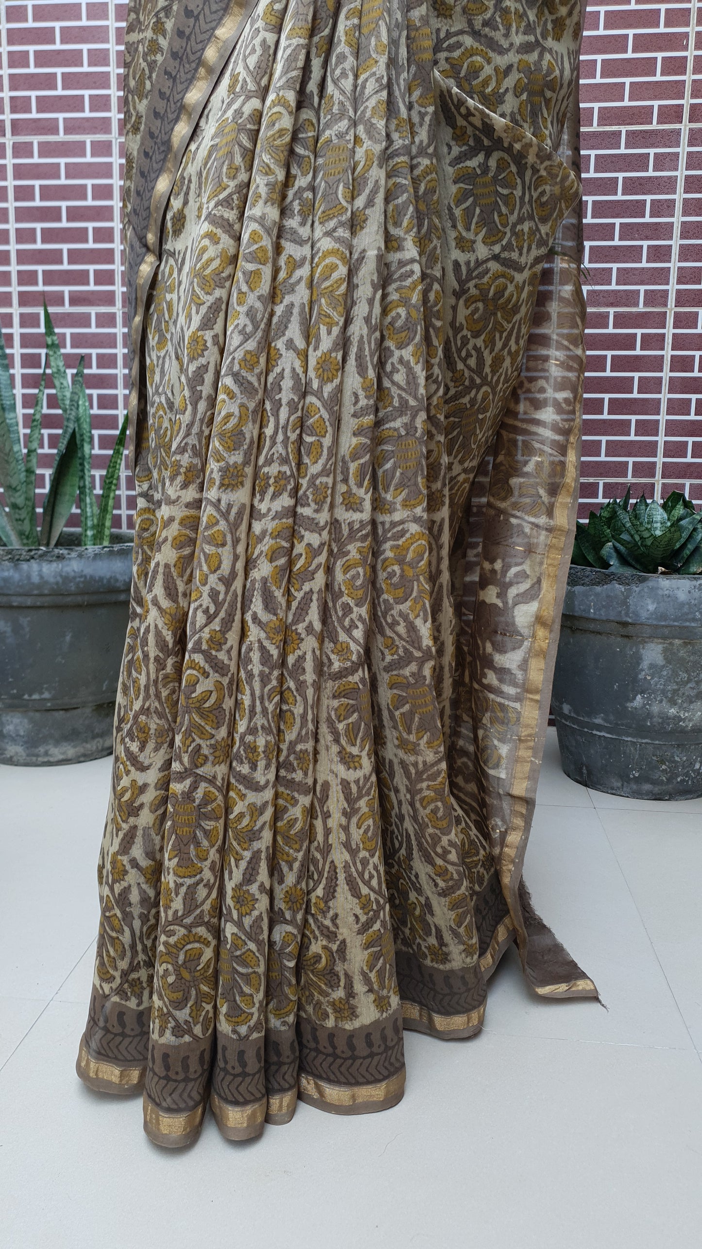 Earthy Brown Ajrakh Chanderi Saree SCCH-0005