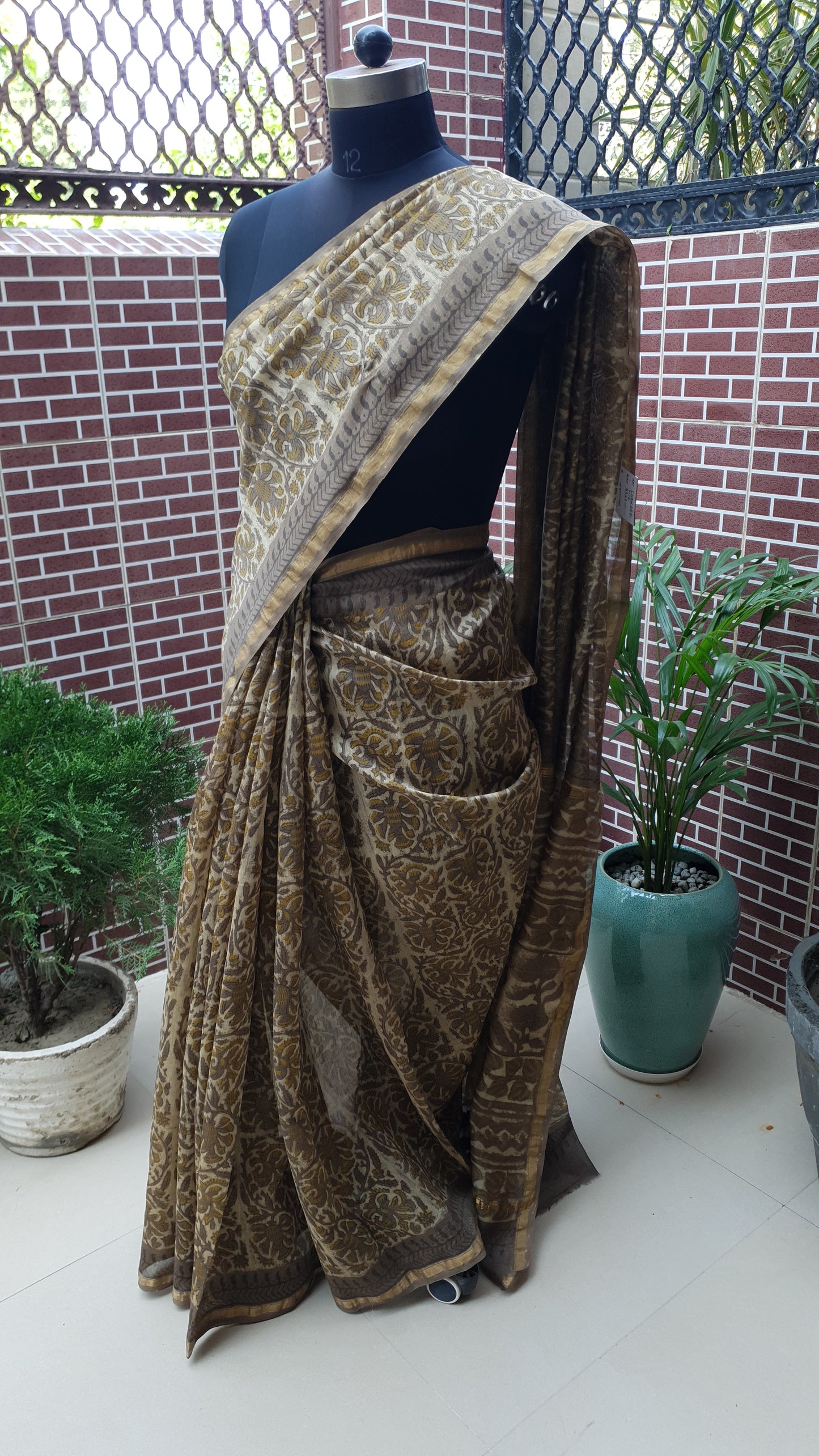 Earthy Brown Ajrakh Chanderi Saree SCCH-0005