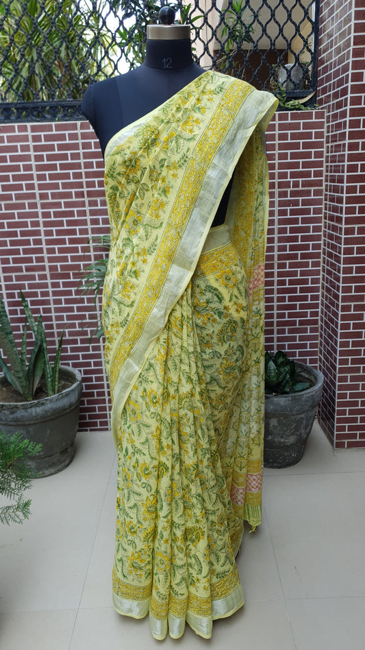 Lemon Yellow HBP Linen Saree LNHB-0001