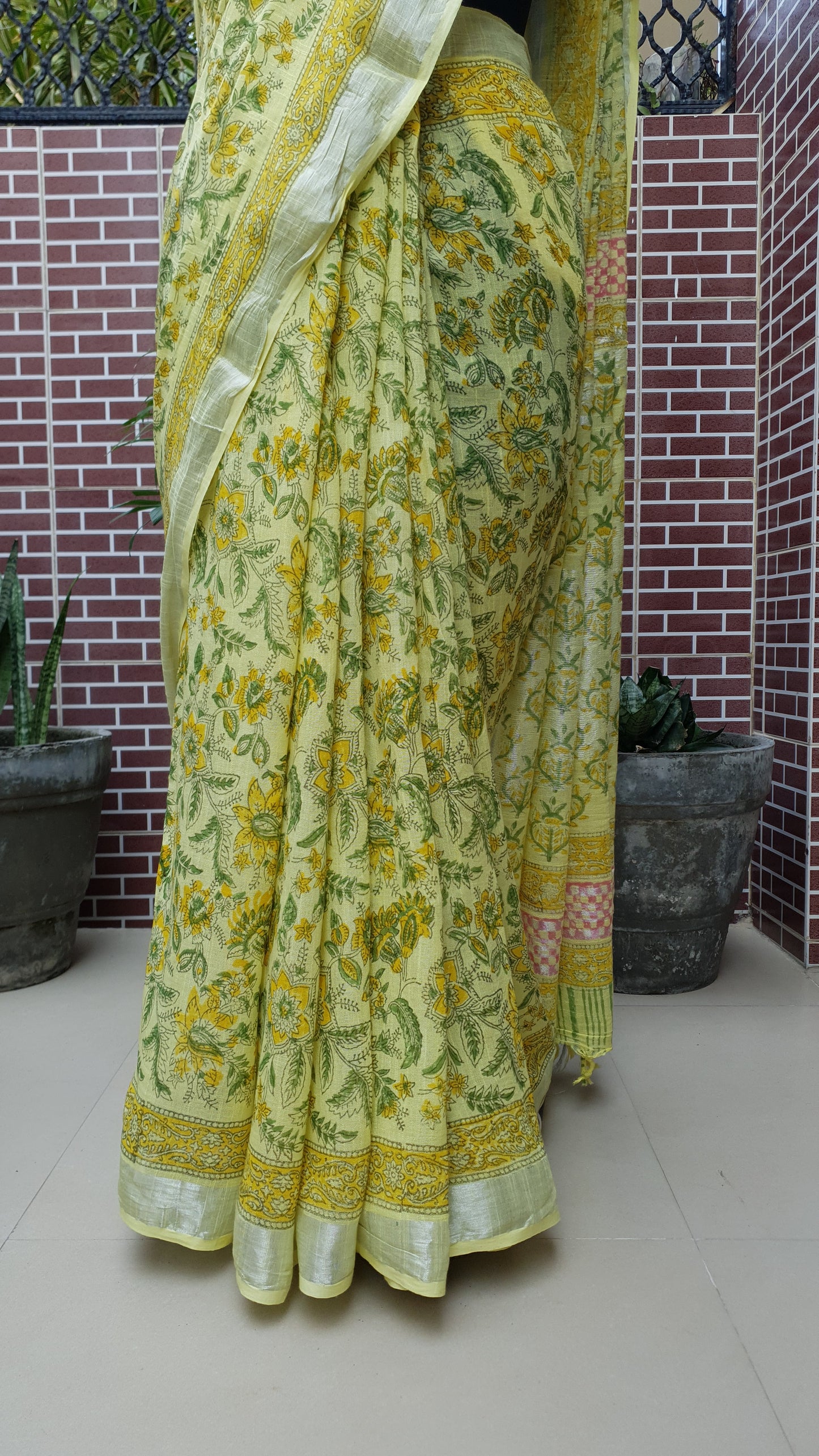 Lemon Yellow HBP Linen Saree LNHB-0001