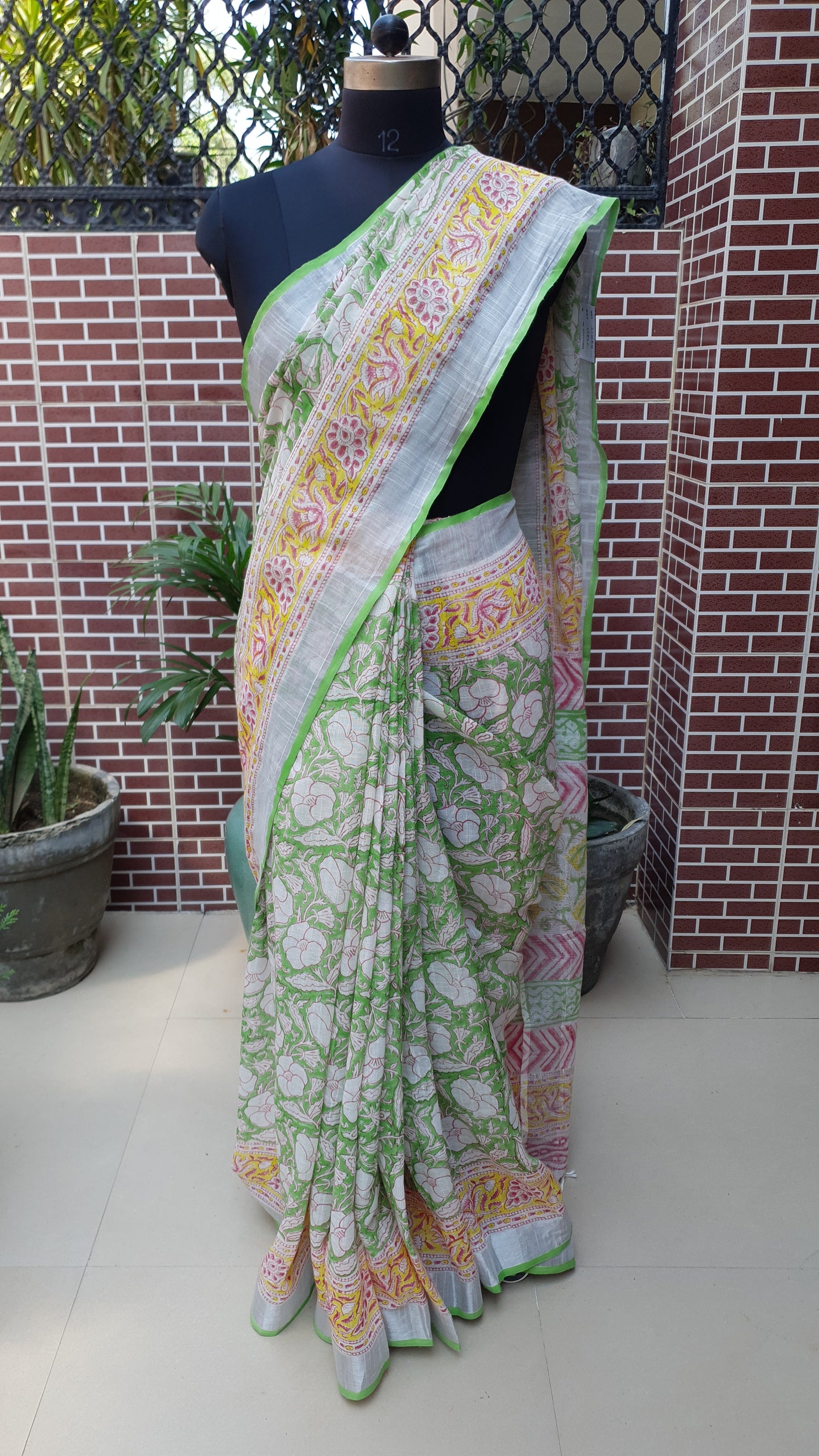 Parrot Green & Yellow HBP Linen Saree LNHB-0004