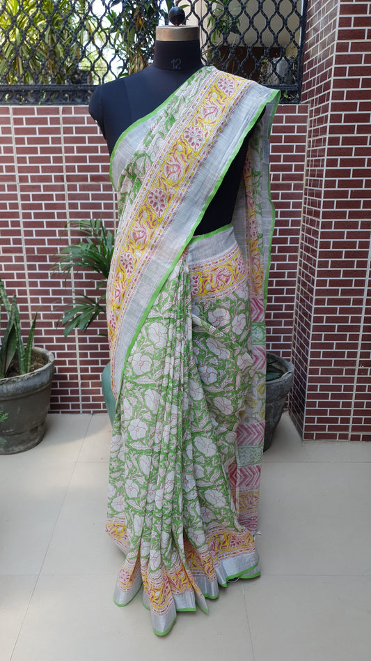 Parrot Green & Yellow HBP Linen Saree LNHB-0004