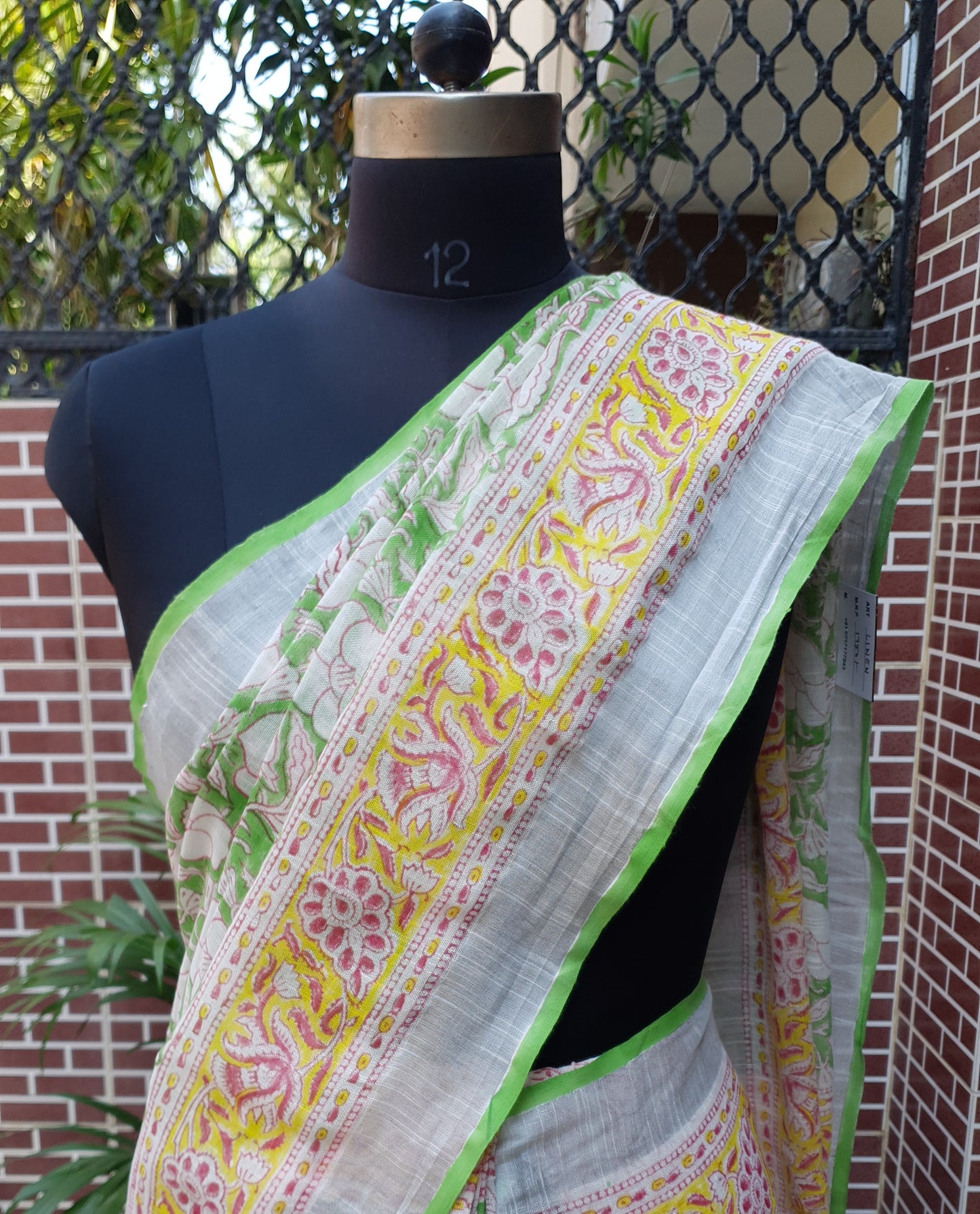 Parrot Green & Yellow HBP Linen Saree LNHB-0004