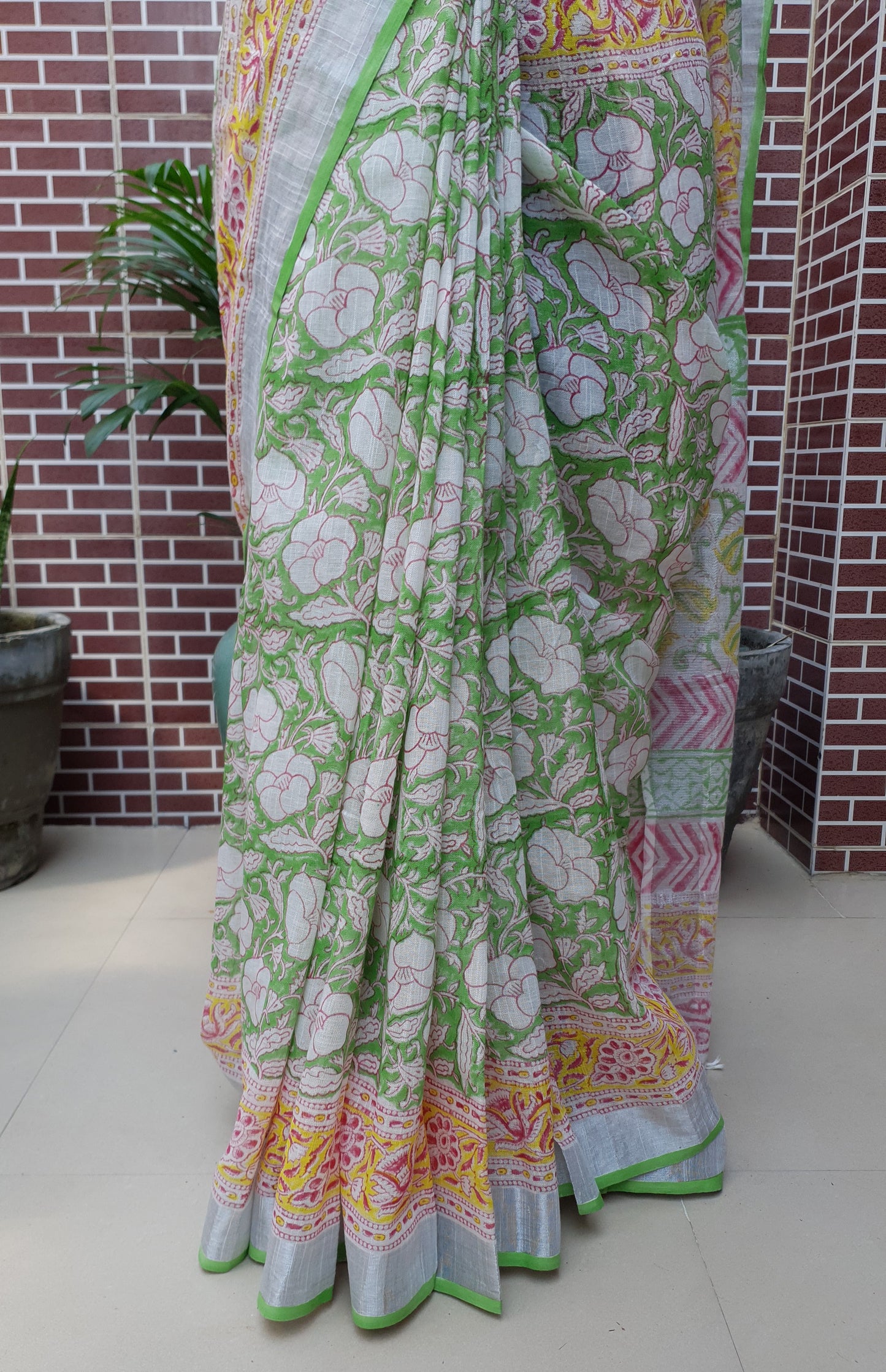 Parrot Green & Yellow HBP Linen Saree LNHB-0004