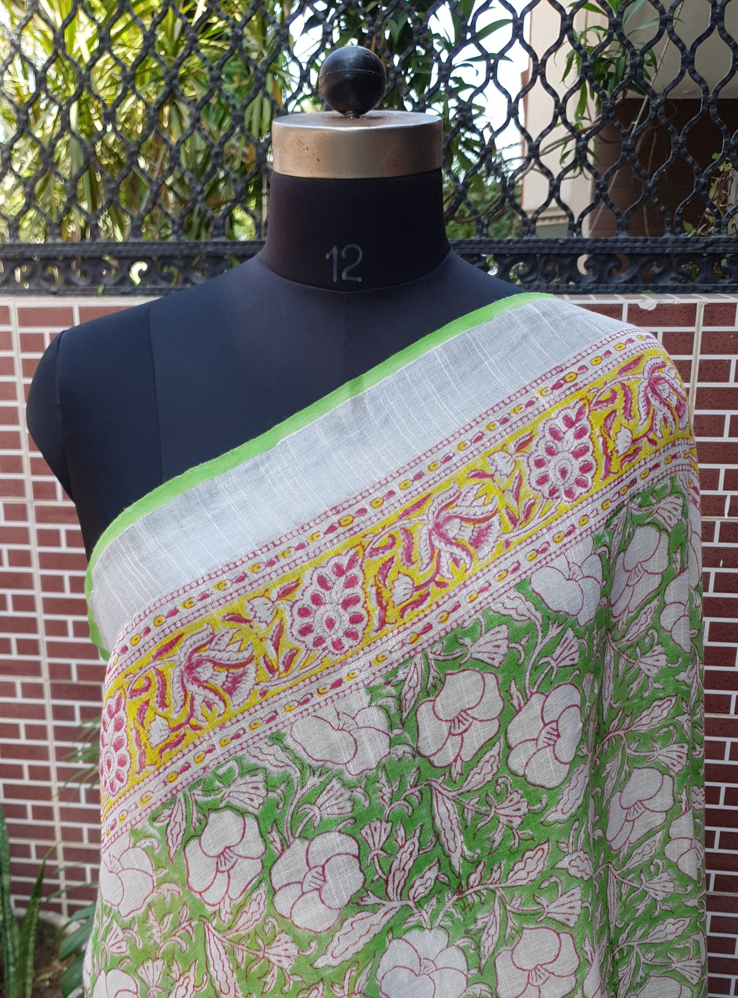 Parrot Green & Yellow HBP Linen Saree LNHB-0004