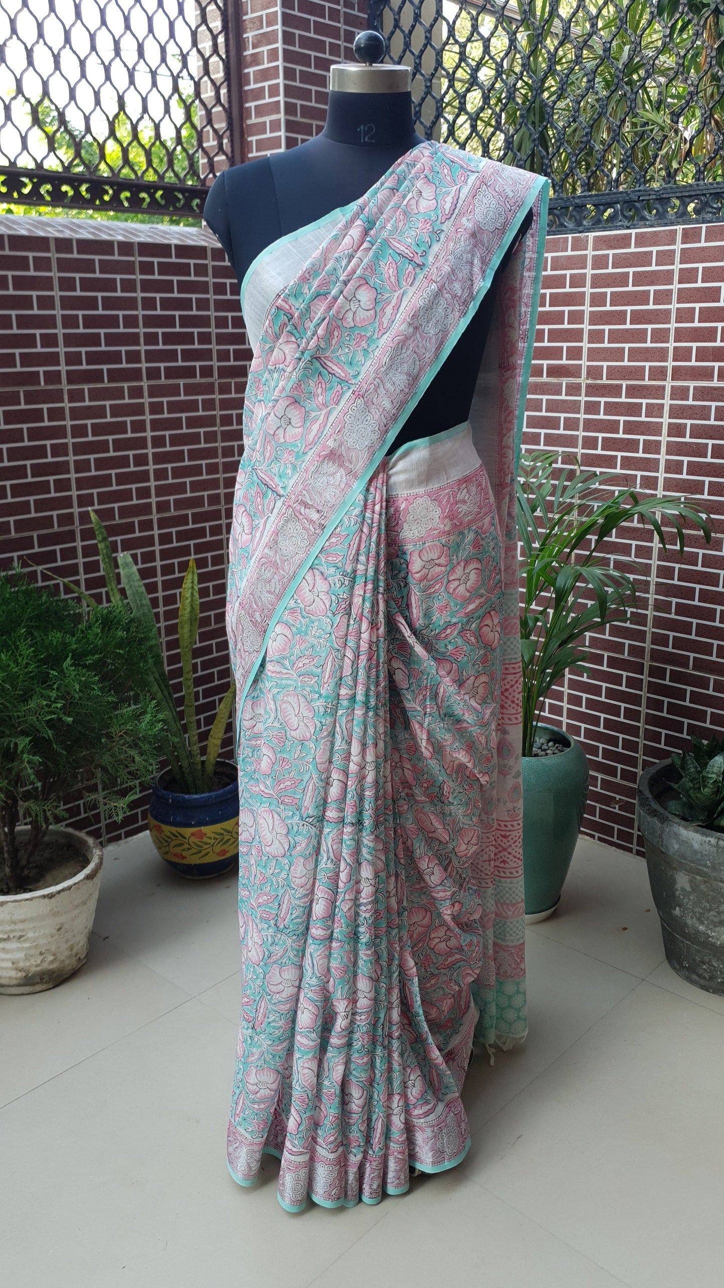 Sea Green & Pink HBP Linen Saree LNHB-0007