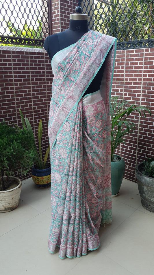 Sea Green & Pink HBP Linen Saree LNHB-0007