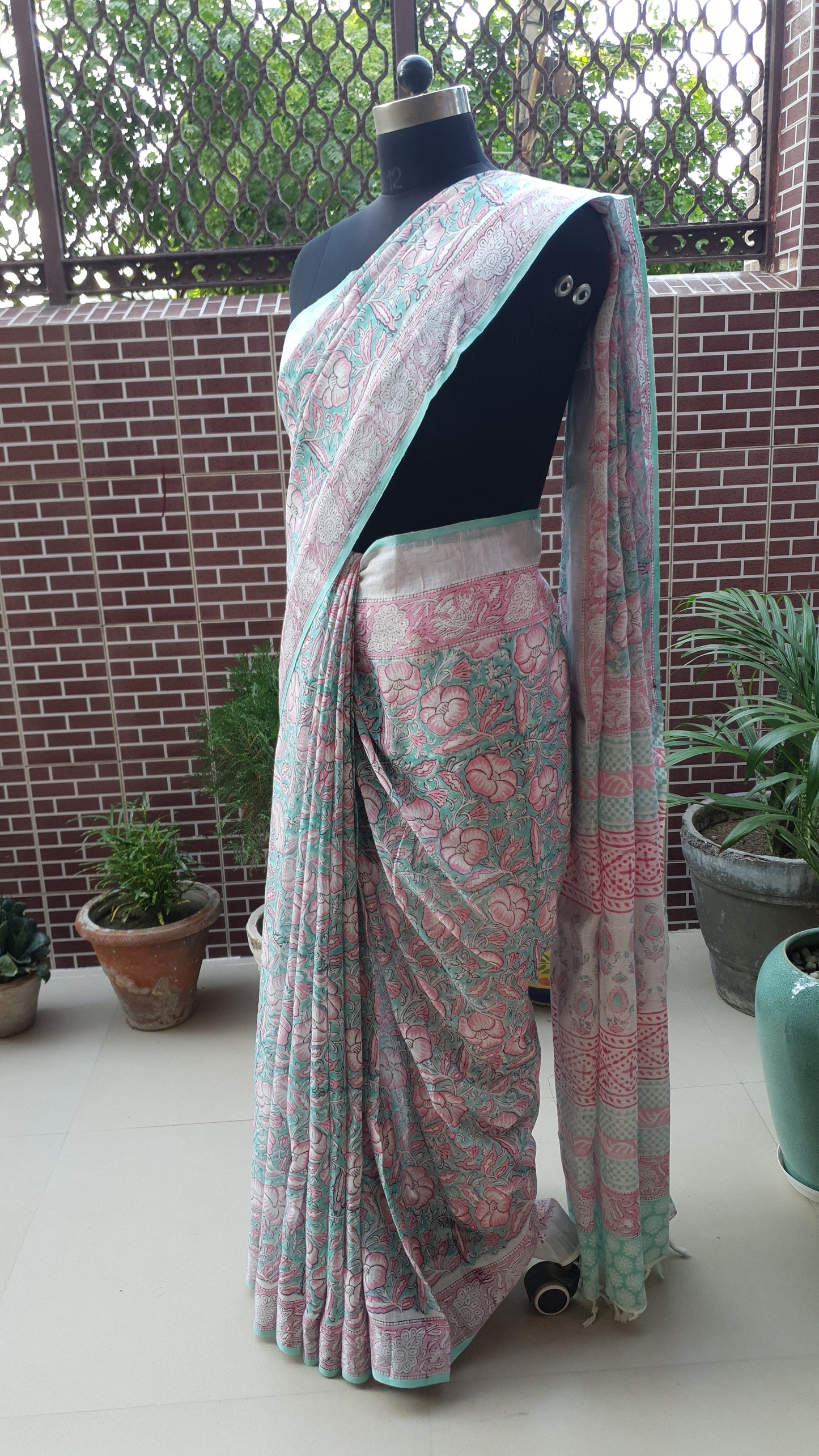 Sea Green & Pink HBP Linen Saree LNHB-0007