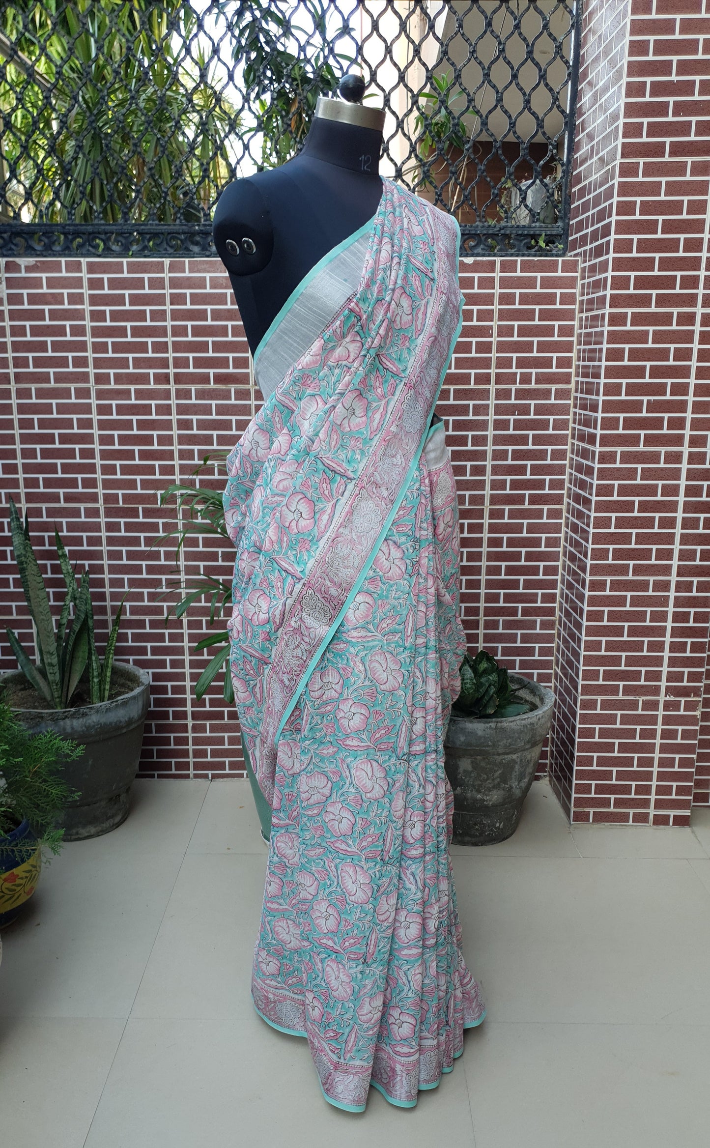 Sea Green & Pink HBP Linen Saree LNHB-0007