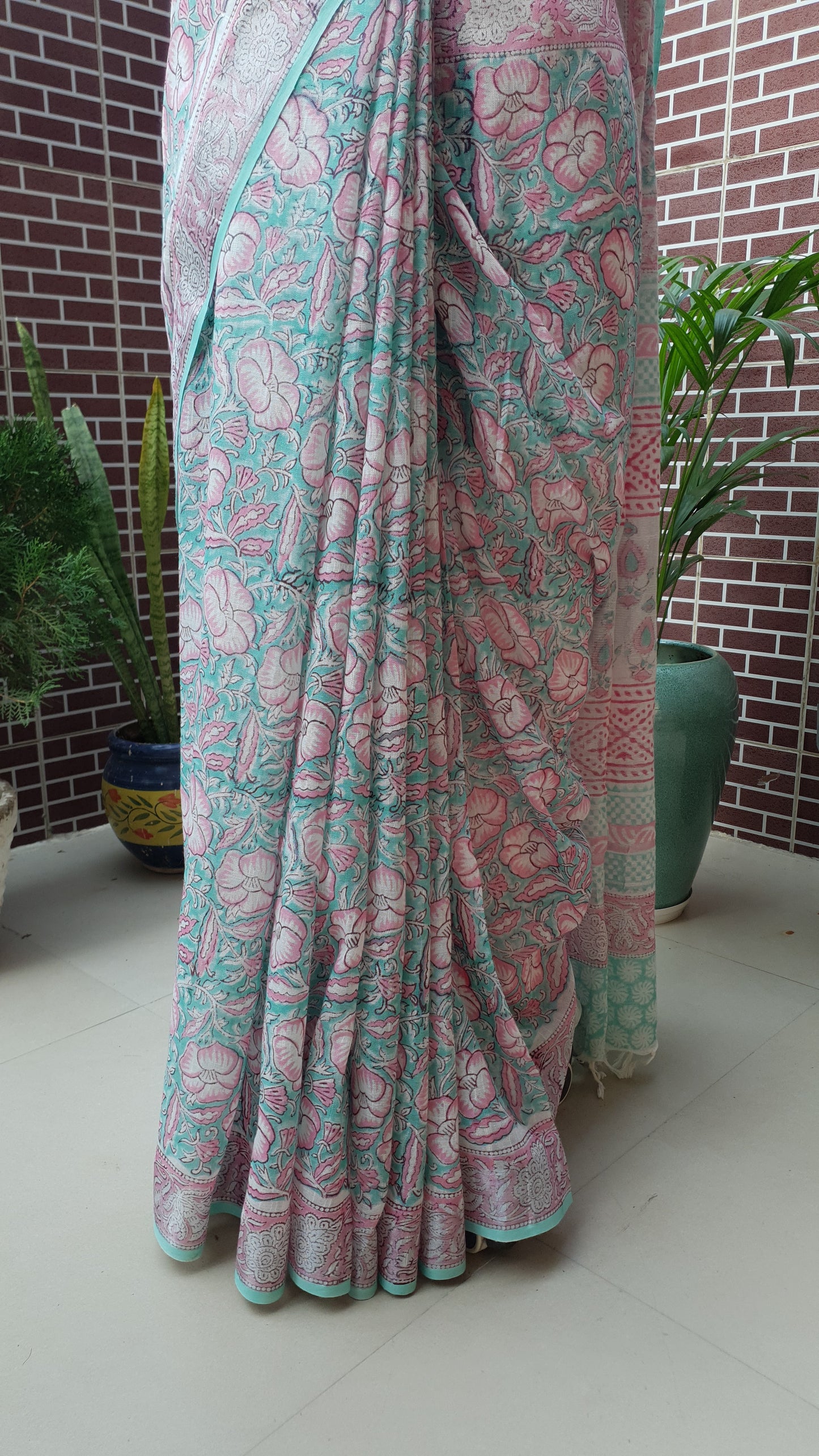 Sea Green & Pink HBP Linen Saree LNHB-0007