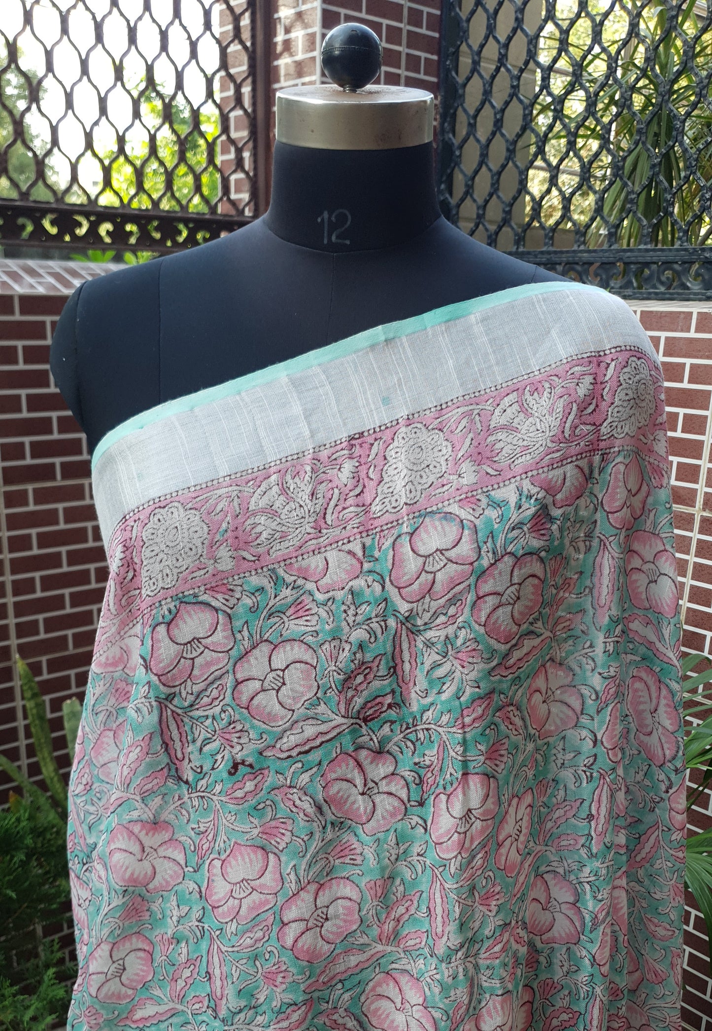 Sea Green & Pink HBP Linen Saree LNHB-0007