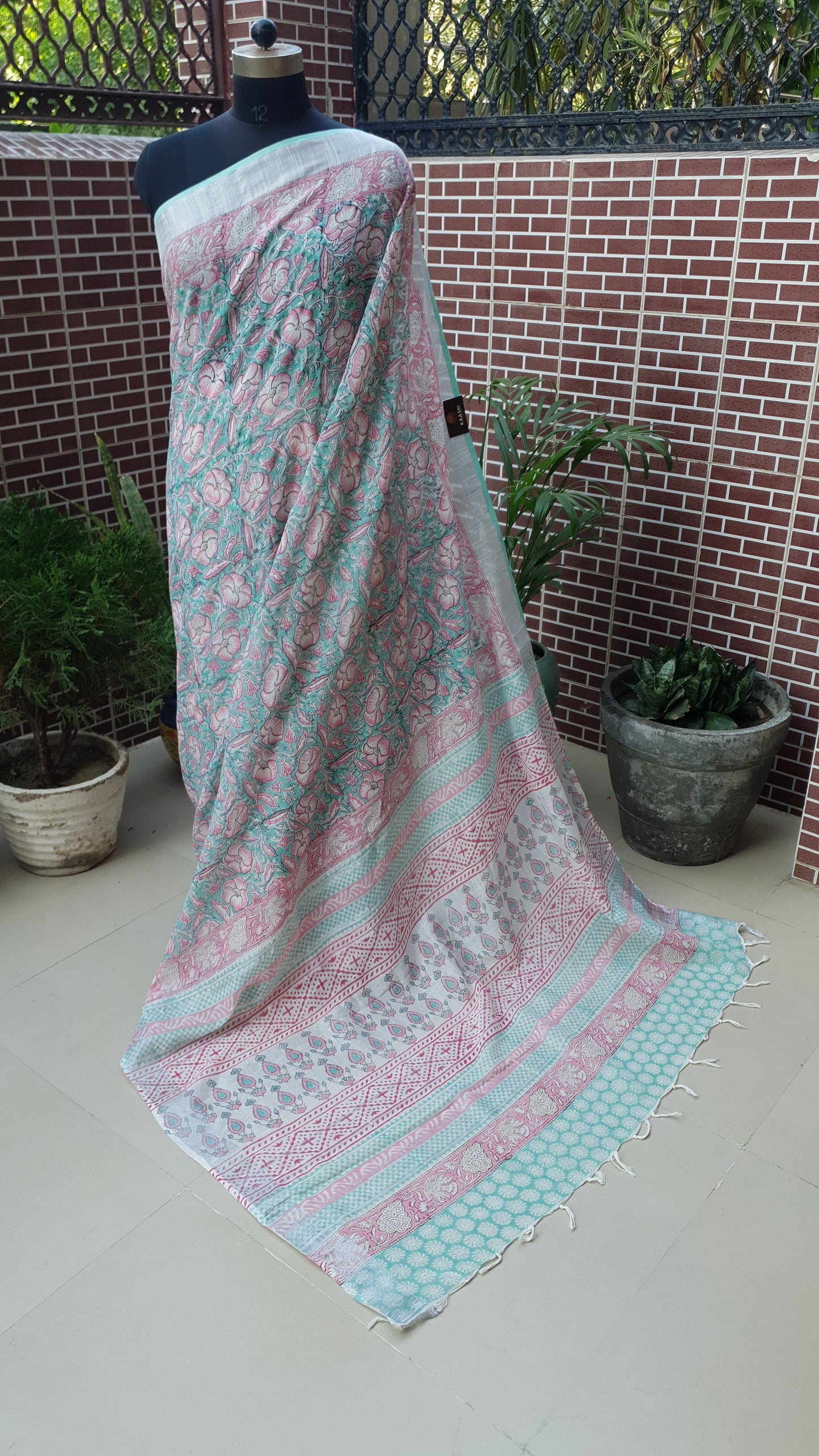 Sea Green & Pink HBP Linen Saree LNHB-0007