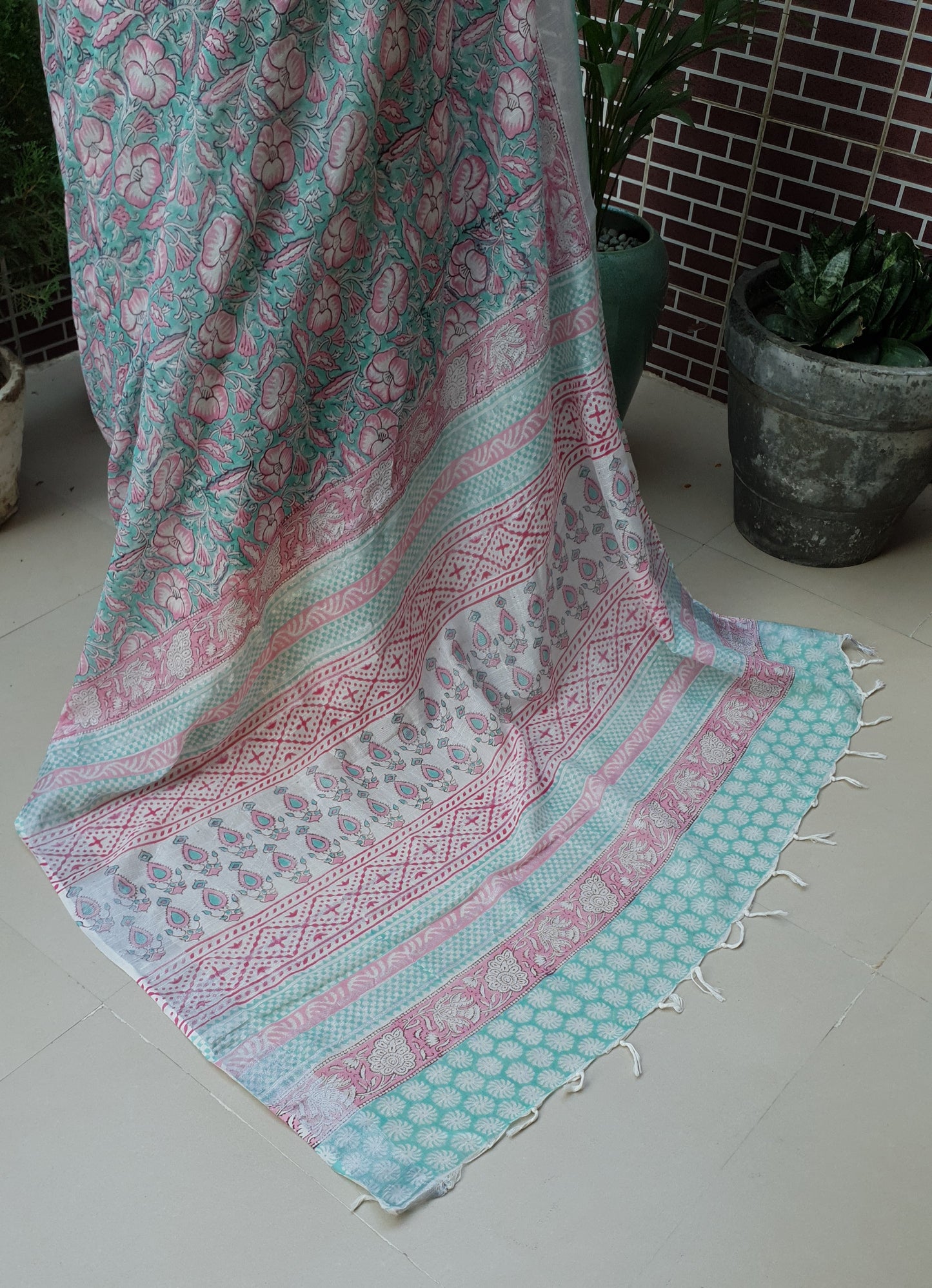 Sea Green & Pink HBP Linen Saree LNHB-0007