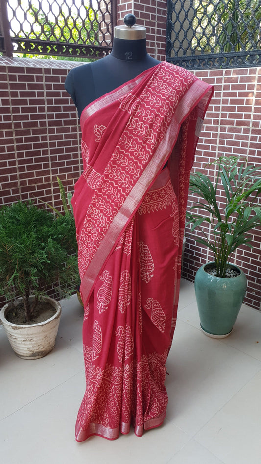 Red HBP Linen Saree LNHB-0008