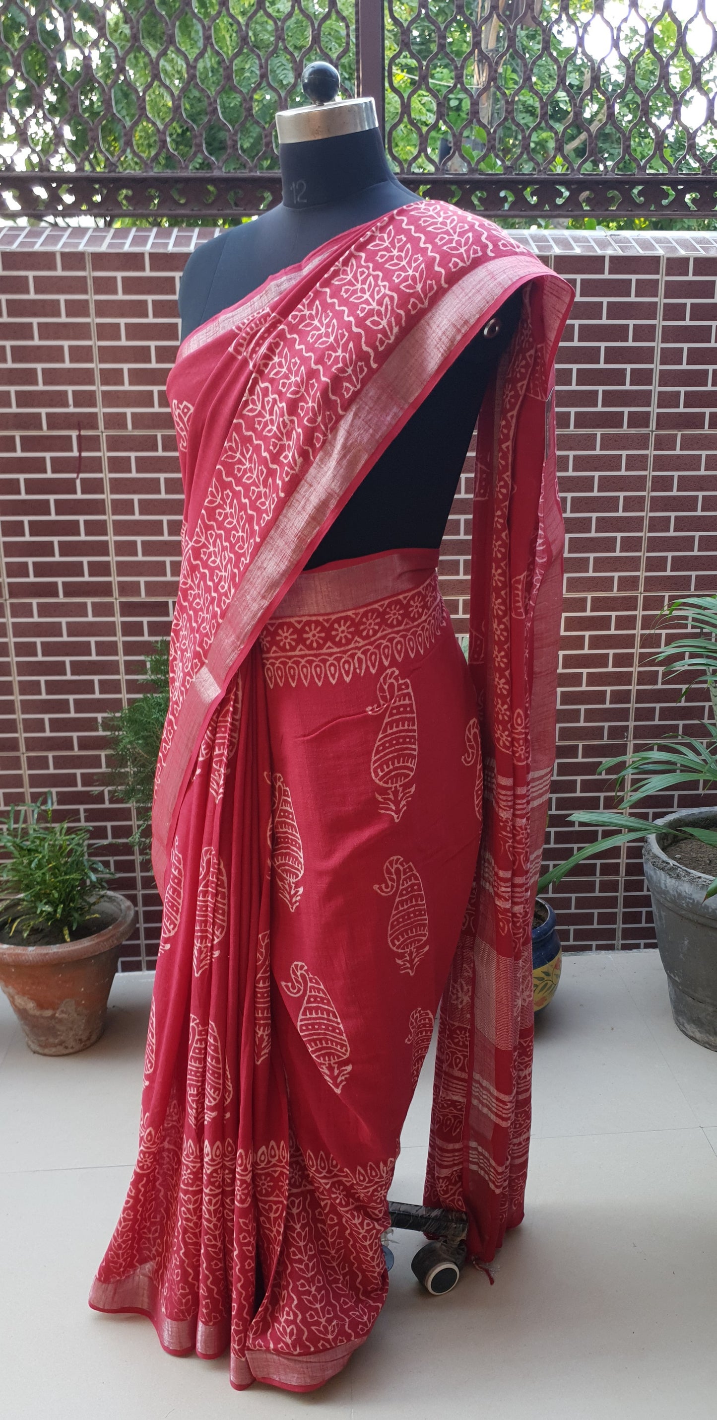 Red HBP Linen Saree LNHB-0008