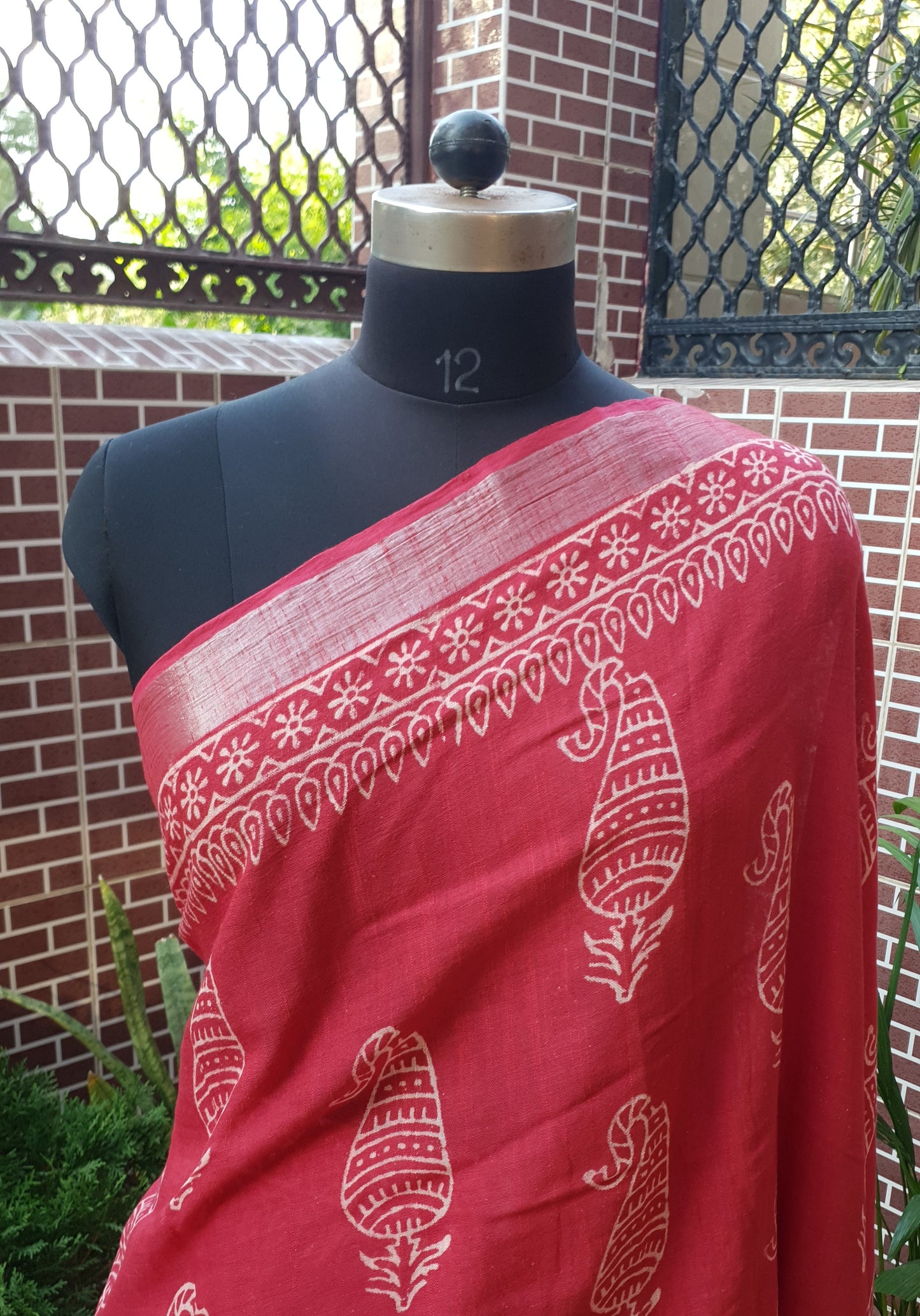 Red HBP Linen Saree LNHB-0008