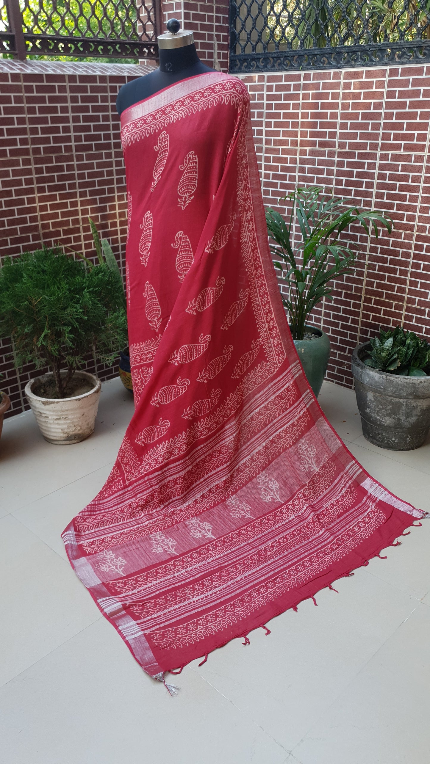 Red HBP Linen Saree LNHB-0008