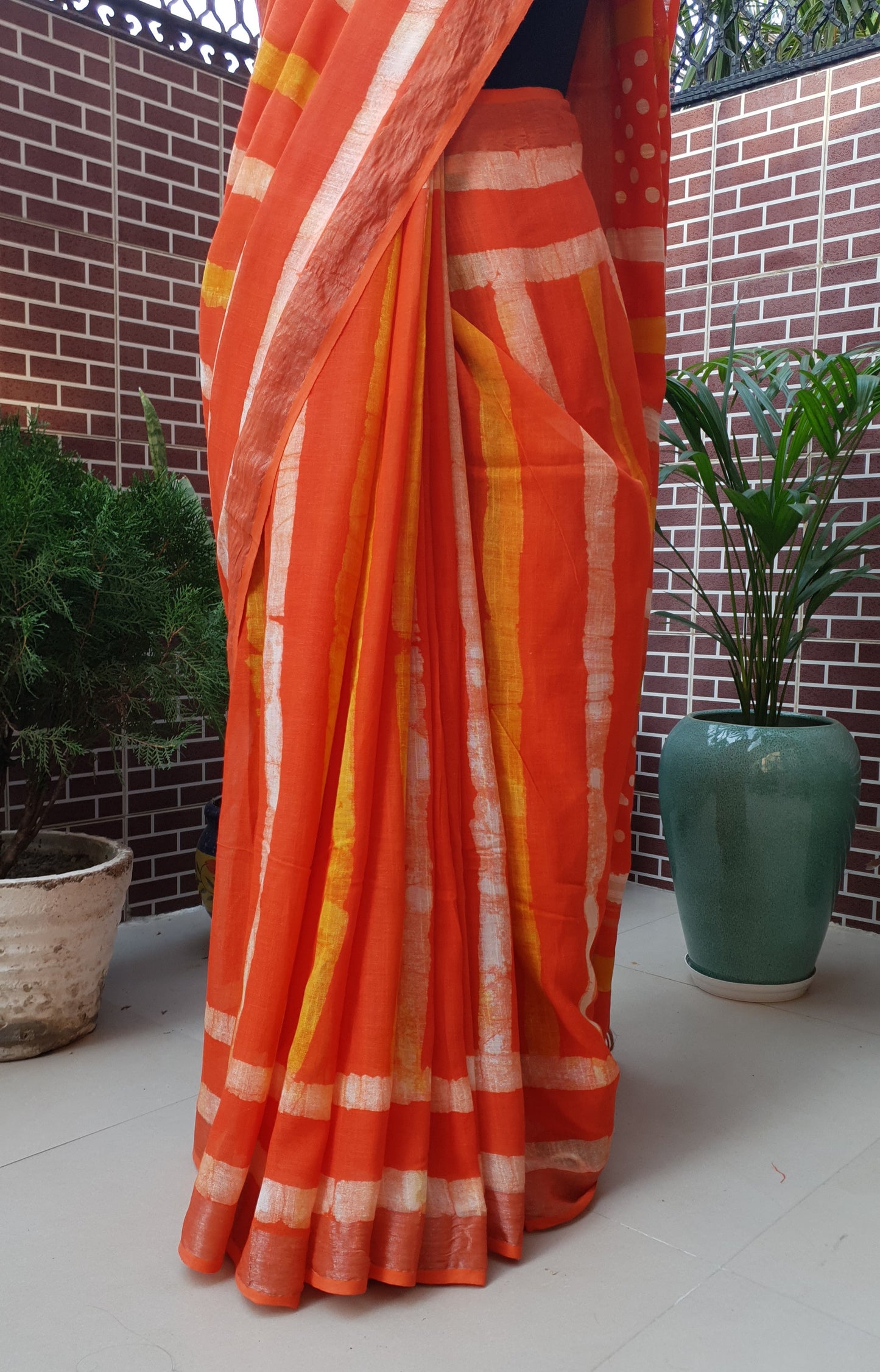 Resolute Orange HBP Linen Saree LNHB-0009