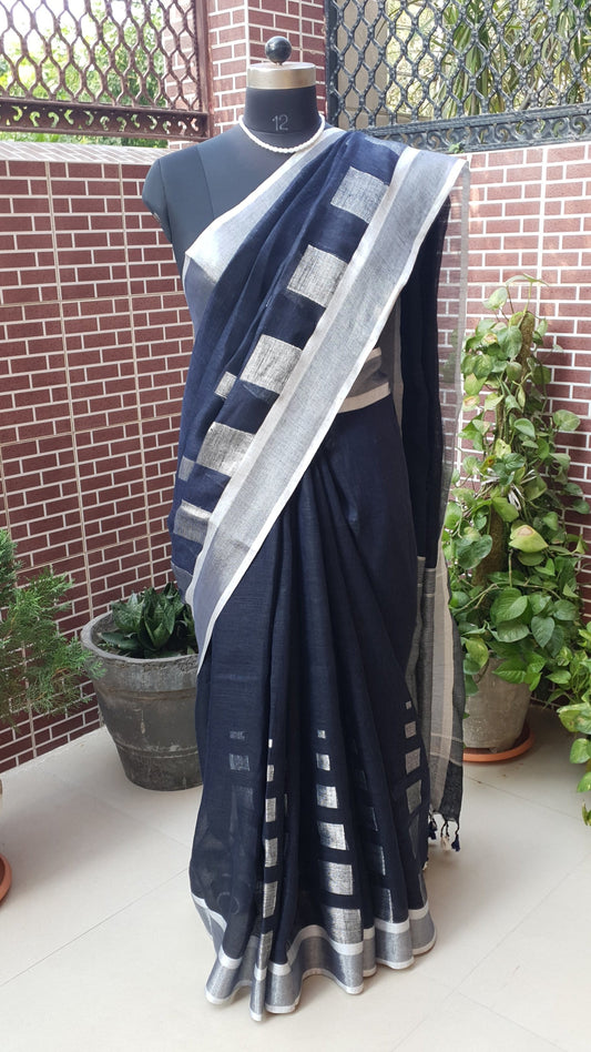 Deep Blue Hand Woven Linen Saree LNHW-0008